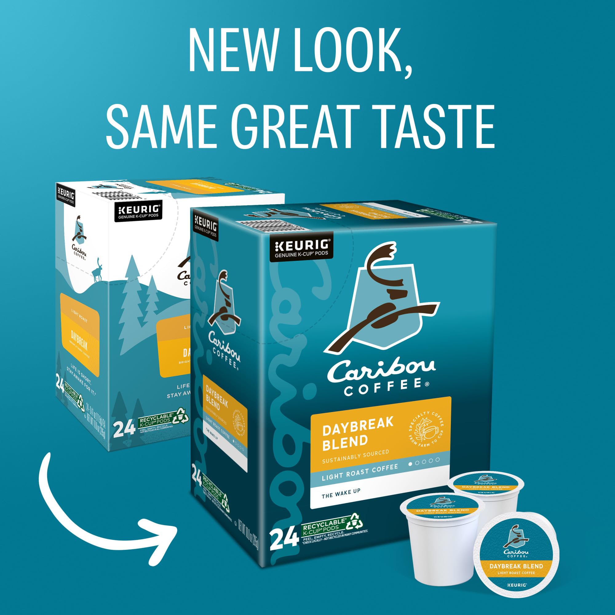 Daybreak K-Cup packaging box highlights freshness and convenience.