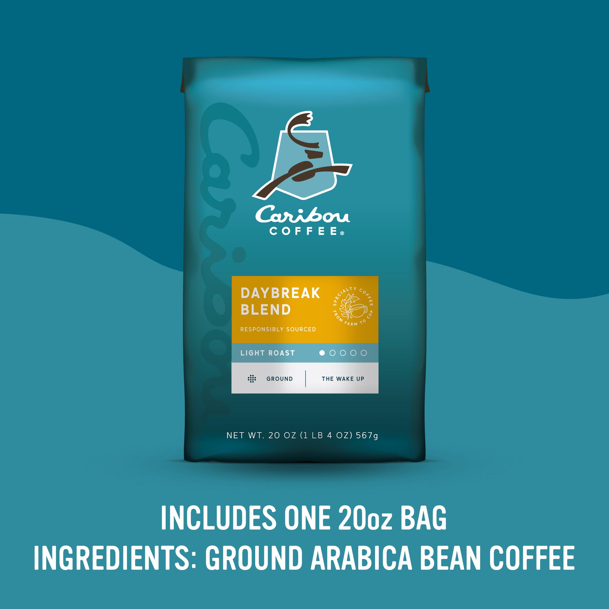 Caribou Coffee Daybreak label detail emphasizing small-batch roast and 100% Arabica quality.
