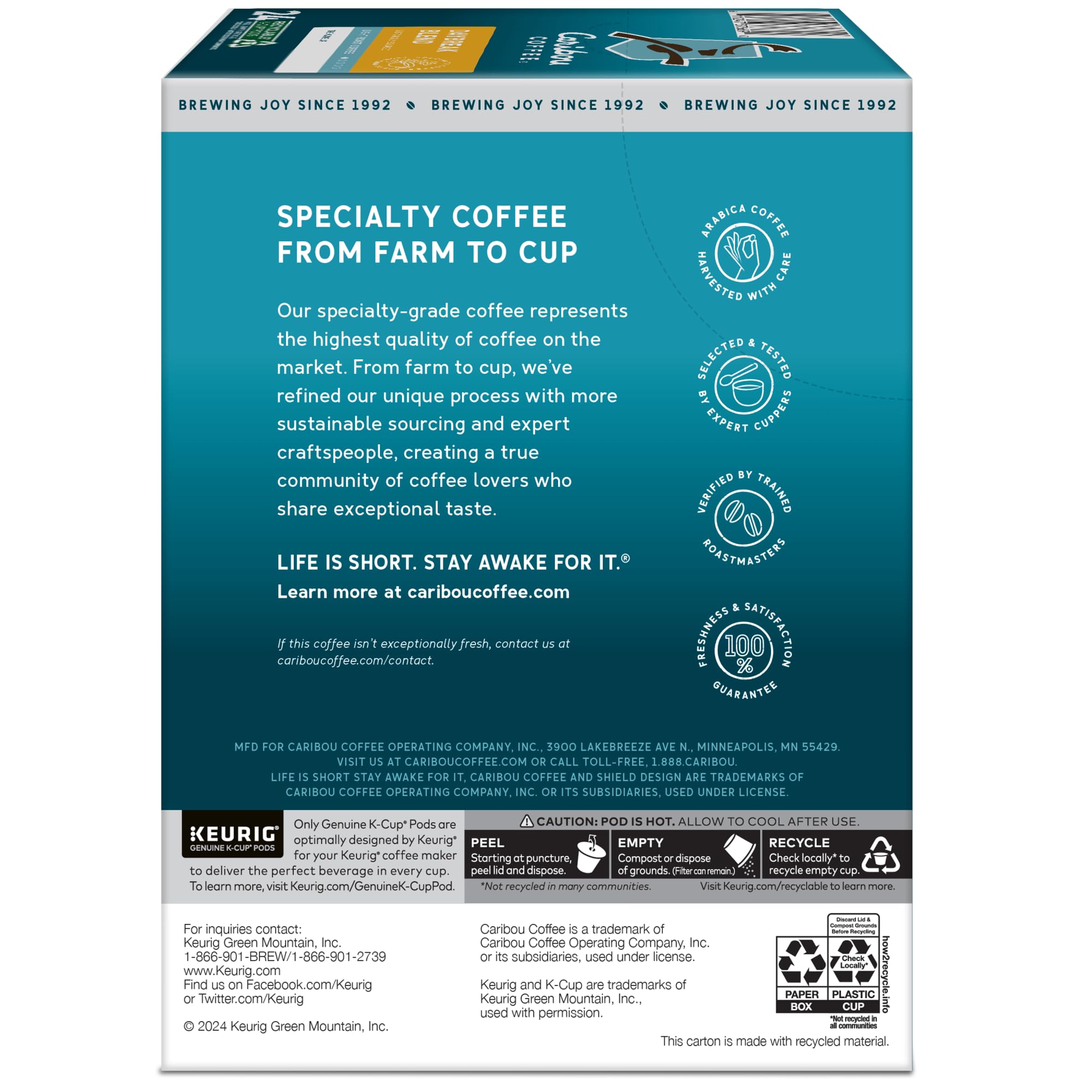 Caribou Coffee Daybreak Rainforest Alliance label on packaging