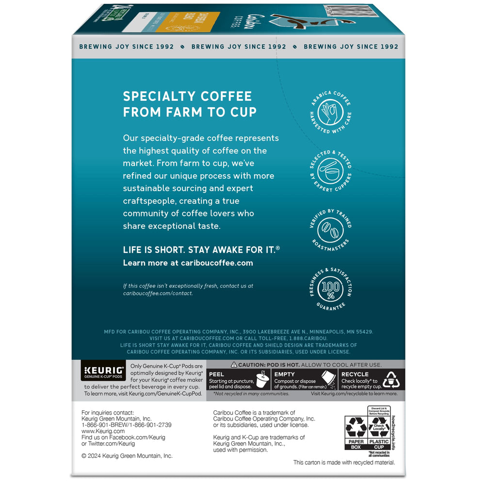 Caribou Coffee Daybreak Rainforest Alliance label on packaging