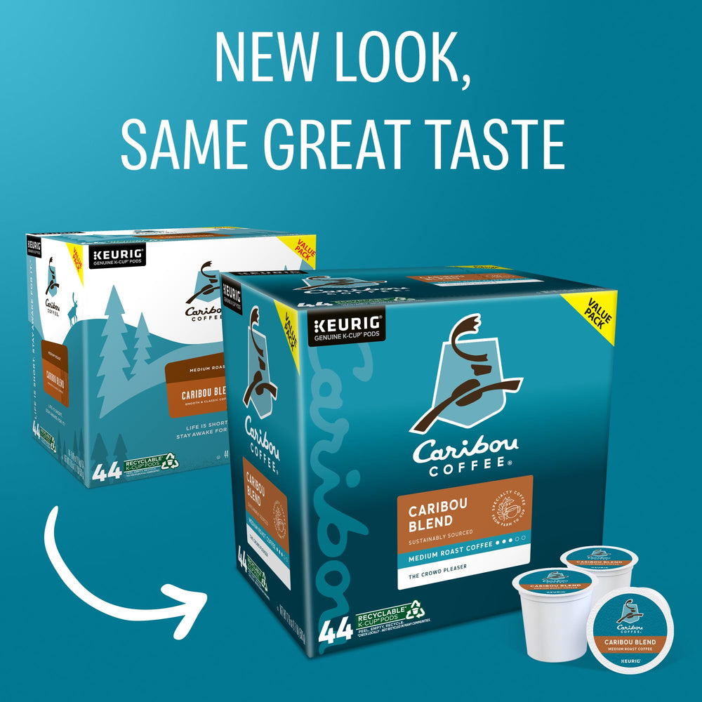 Caribou Coffee K-Cup packaging highlights sustainable sourcing for your daily cup.