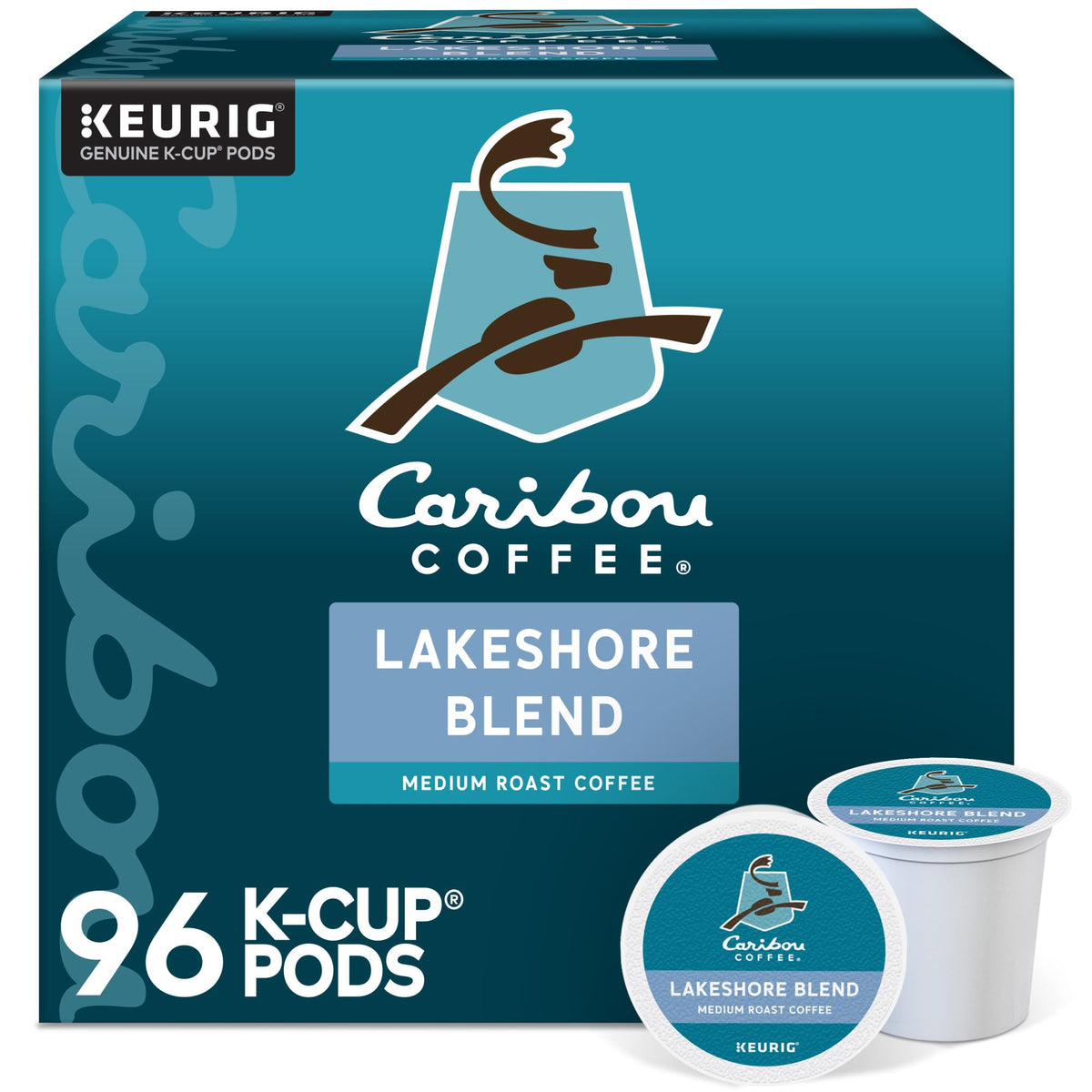Caribou Coffee Lakeshore Blend K-Cup pods ready for Keurig brewing with vanilla finish.