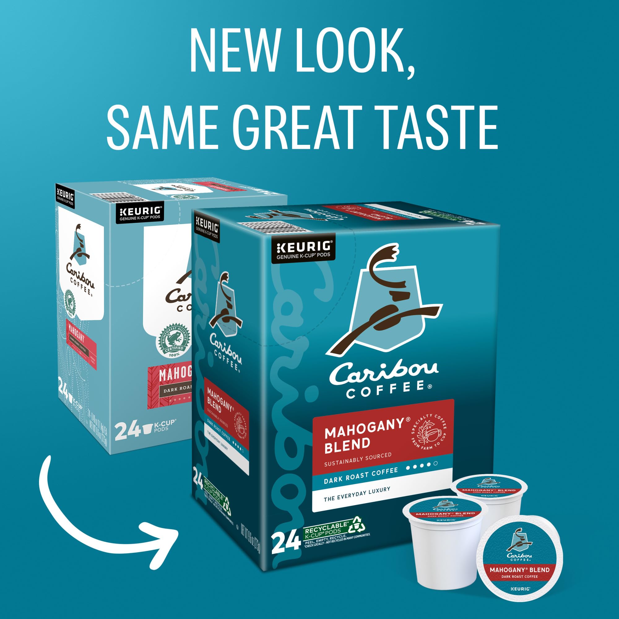 Close-up of Caribou Coffee Mahogany K-Cups highlighting dark roast aroma