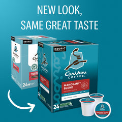 Close-up of Caribou Coffee Mahogany K-Cups highlighting dark roast aroma