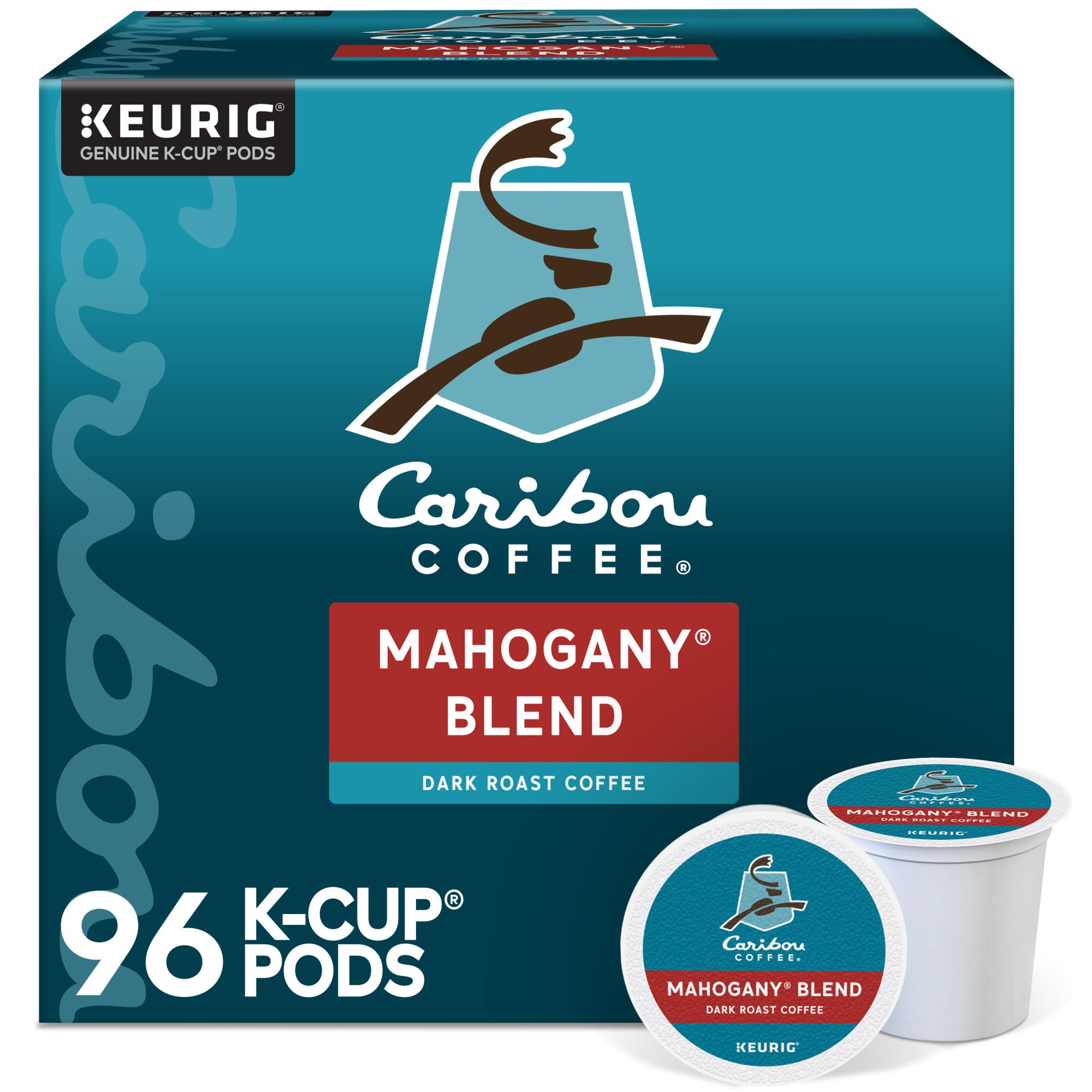Caribou Coffee Mahogany Blend K-Cup pods in a four-pack display for home use