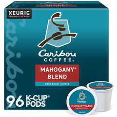 Caribou Coffee Mahogany Blend K-Cup pods in a four-pack display for home use