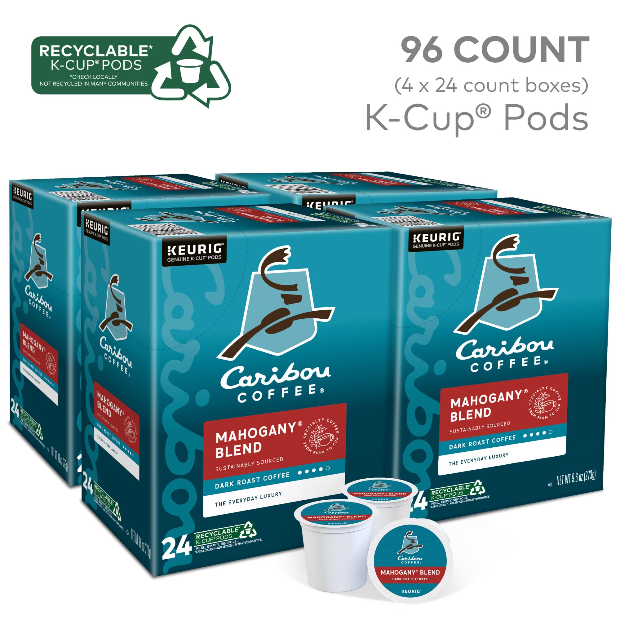 Caribou Coffee Mahogany Blend pack on a shelf conveys convenience and bulk value