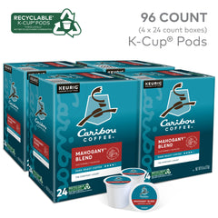 Caribou Coffee Mahogany Blend pack on a shelf conveys convenience and bulk value