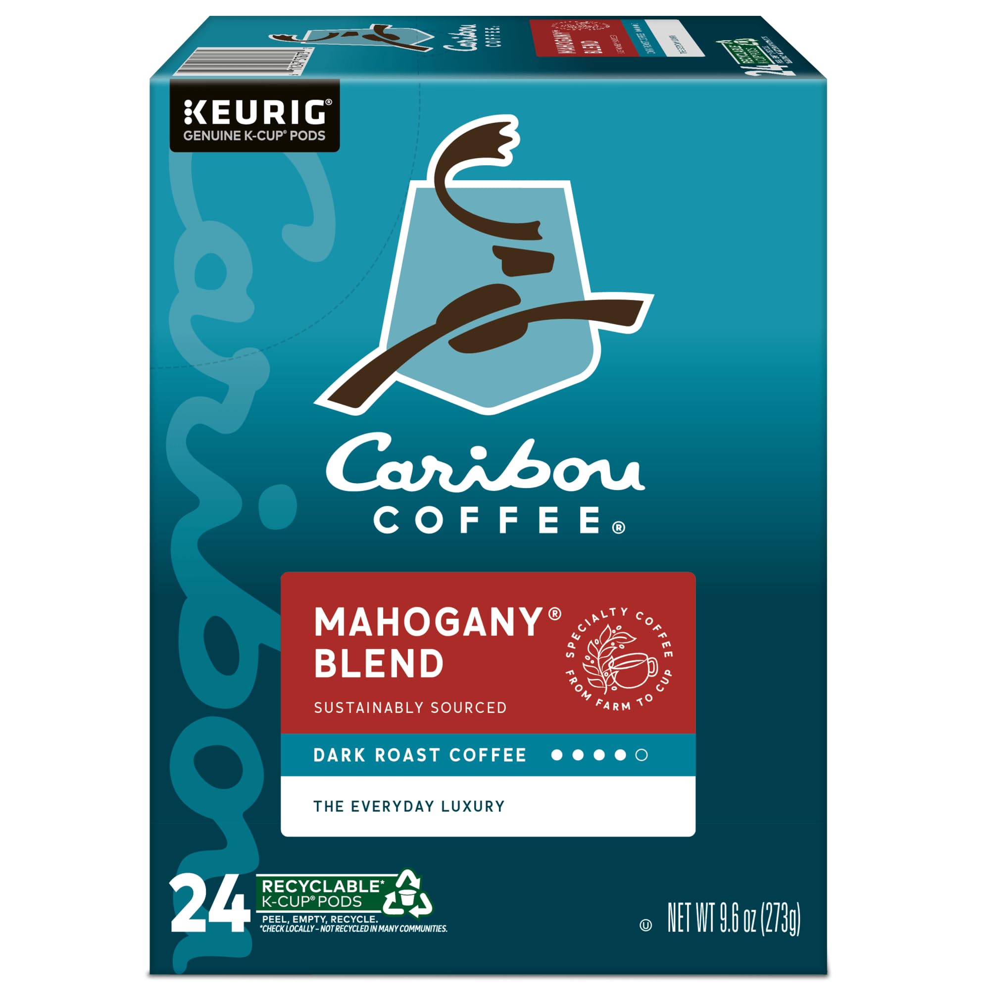 Front view of Caribou Mahogany pods package showing convenient 24-count packaging