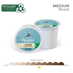 Steaming cup of Caribou Blend Decaf shows balanced acidity and milky body.