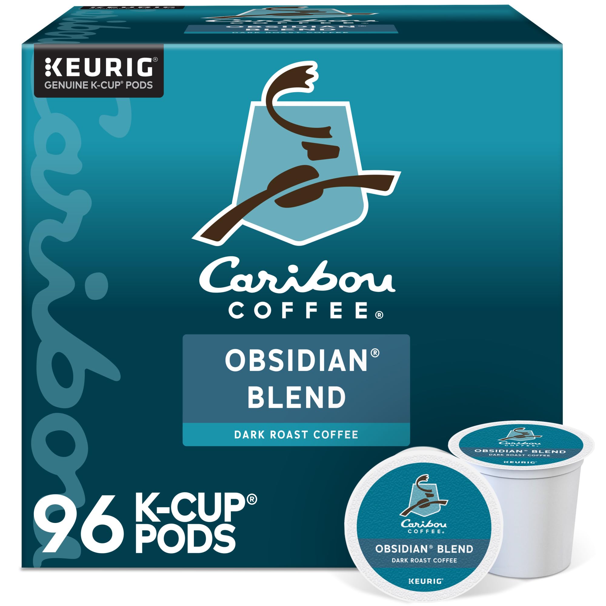 Caribou Coffee Obsidian K-Cup packaging shown for premium Keurig brews.