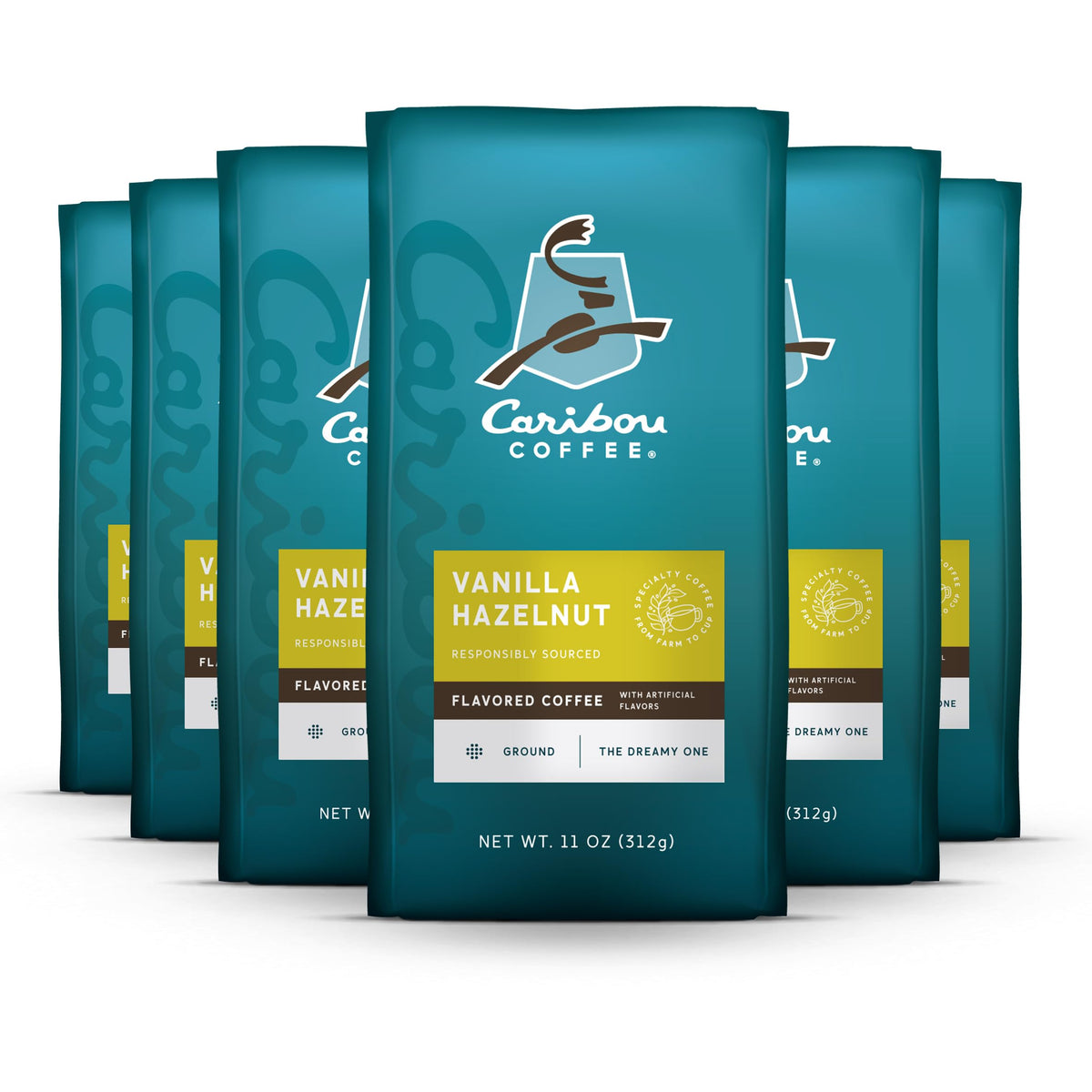 Caribou Coffee Vanilla Hazelnut Dreamstate packaging shows six bags for easy restocking.