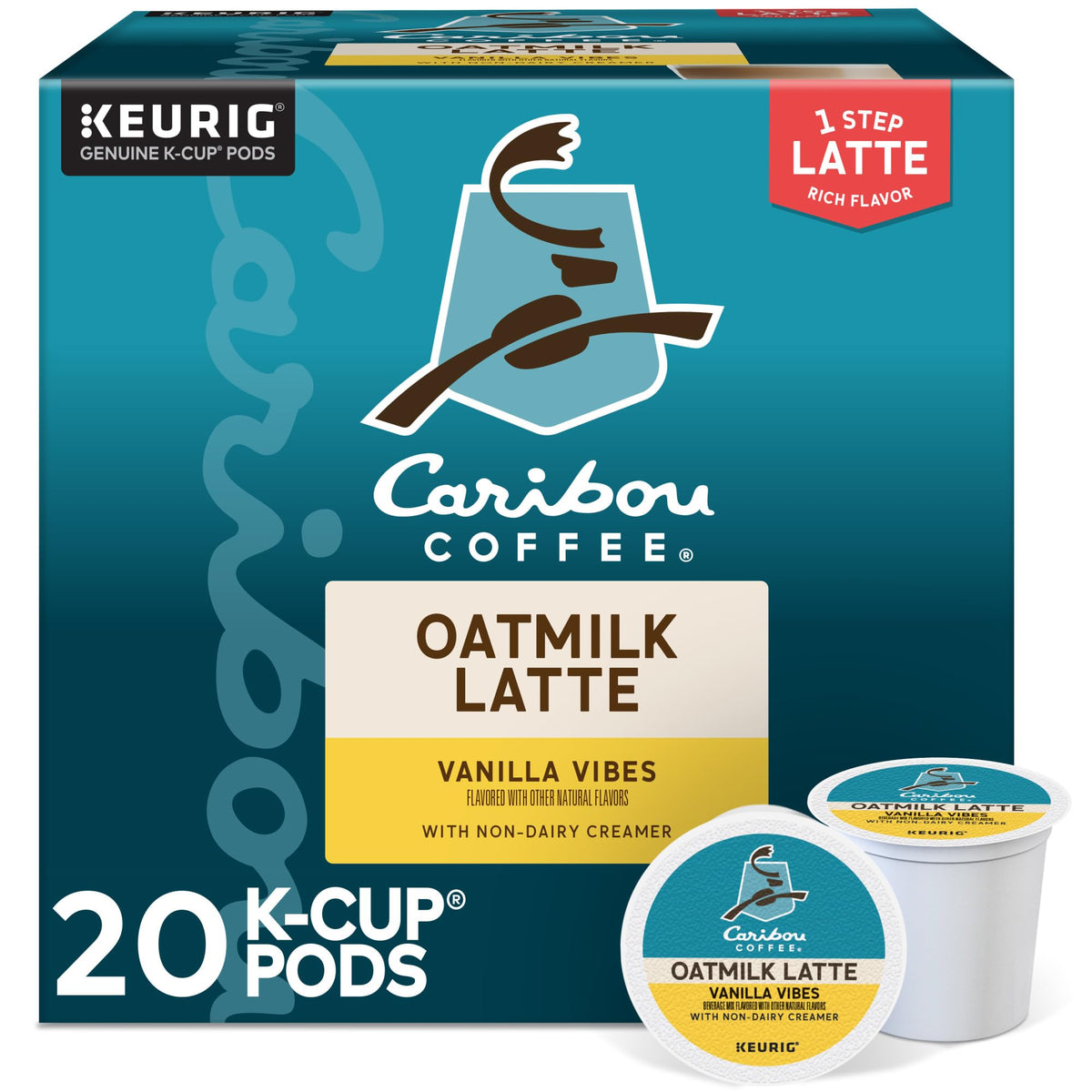 Caribou Coffee Vanilla Vibes oatmilk latte pod packaging for Keurig use