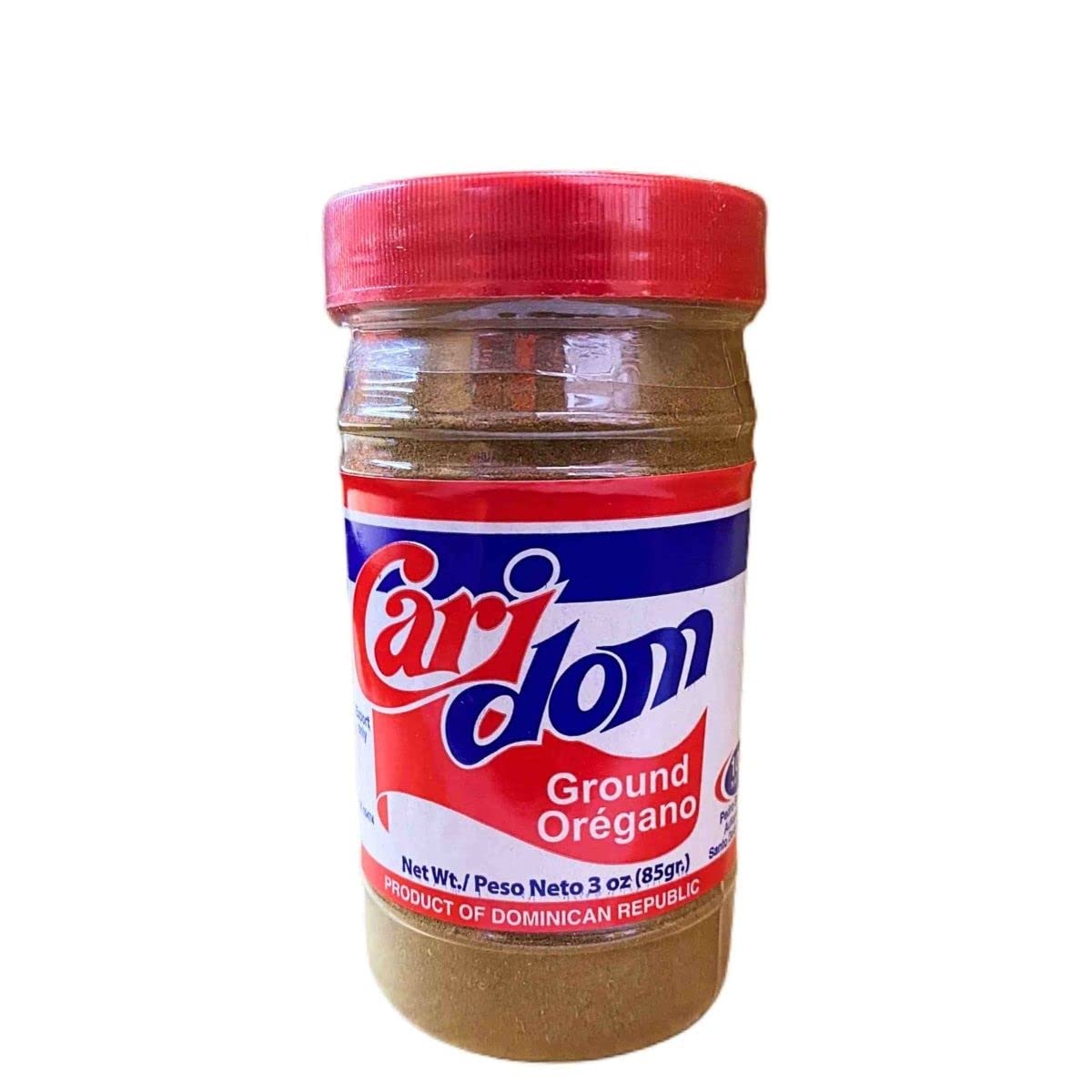 Caridom ground oregano jar enhances sauces and meats with vibrant Dominican flavor.