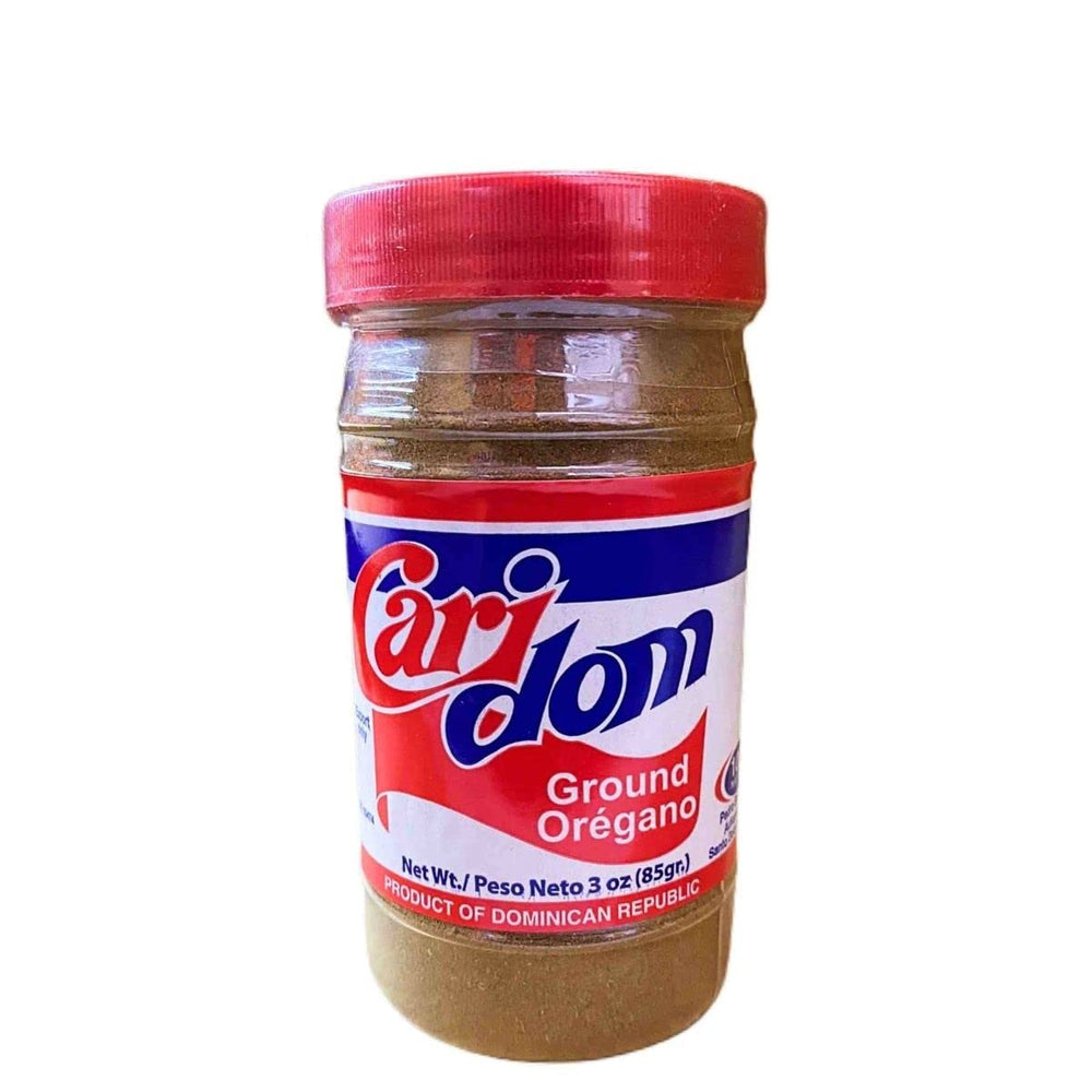 Caridom ground oregano jar enhances sauces and meats with vibrant Dominican flavor.