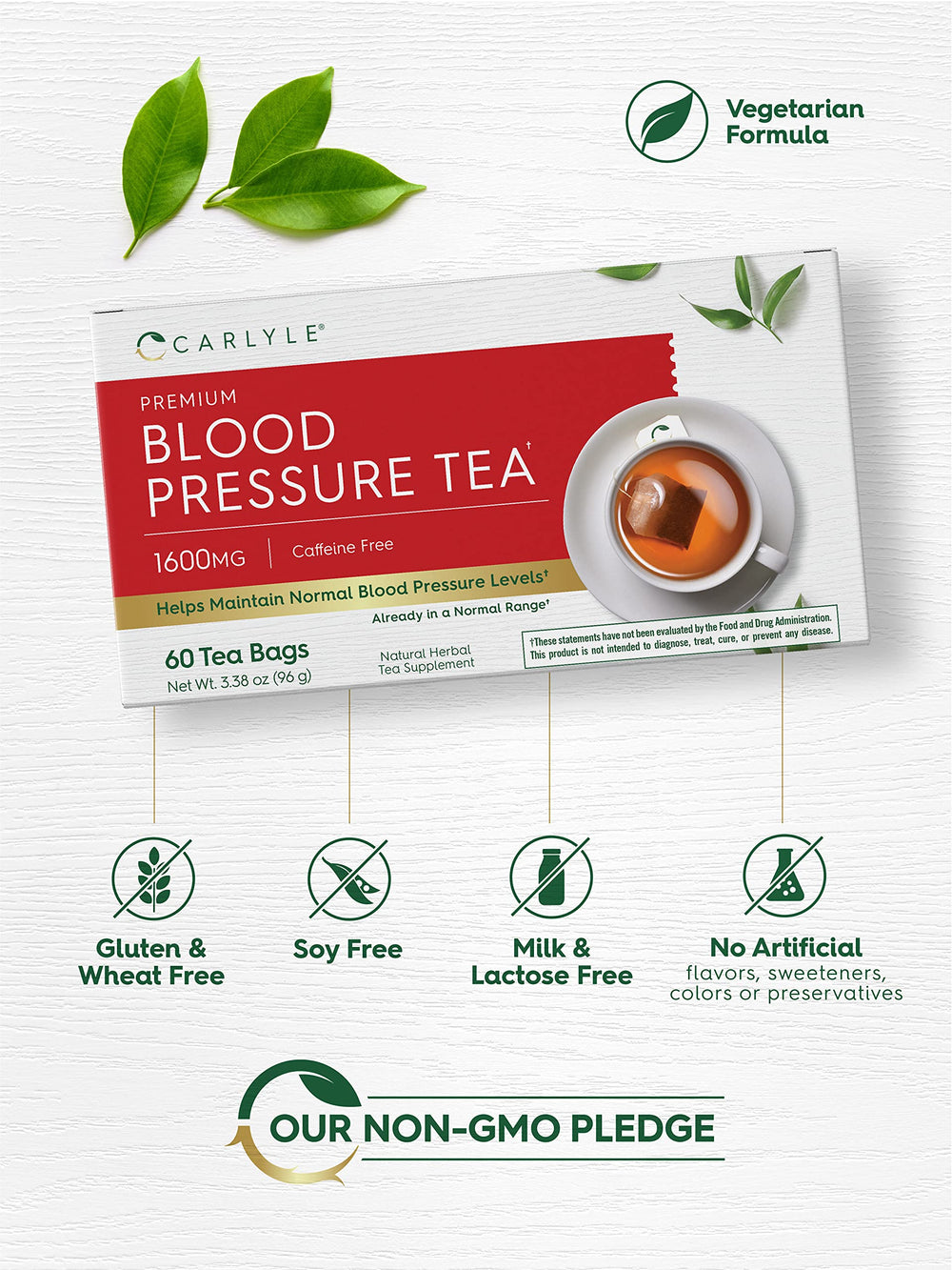 Carlyle Blood Pressure Tea Bags label close-up showing 1,600 mg blend