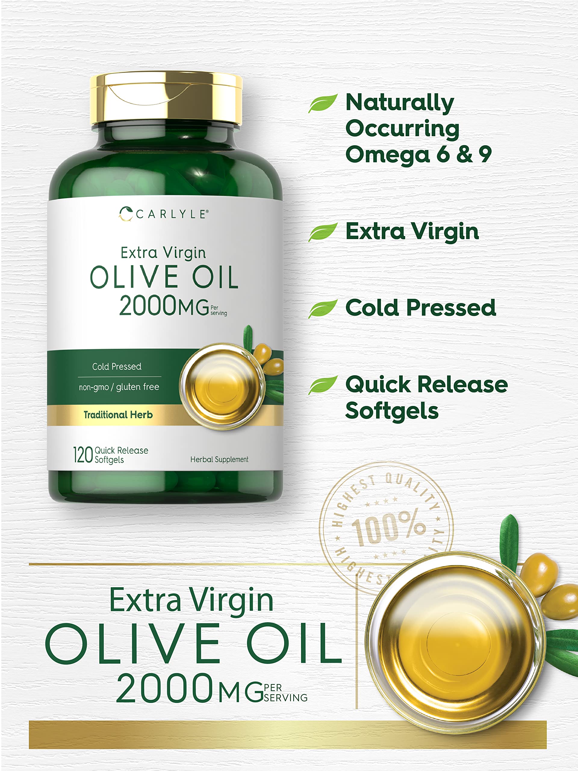 Carlyle Olive Oil bottle label shows cold-pressed, non-GMO benefits.