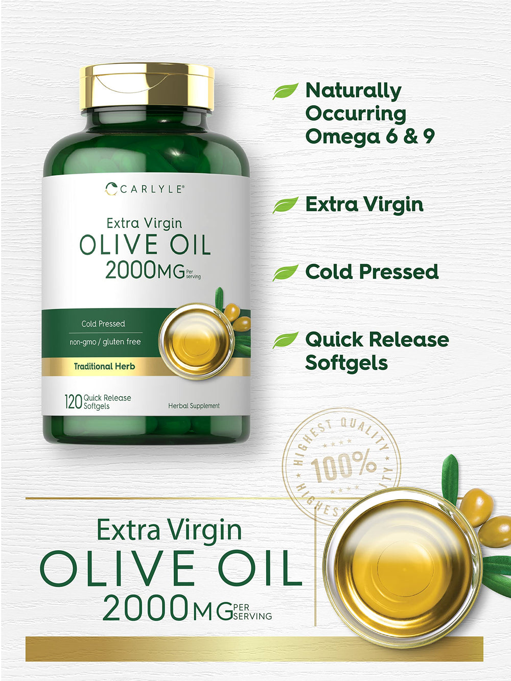 Carlyle Olive Oil bottle label shows cold-pressed, non-GMO benefits.