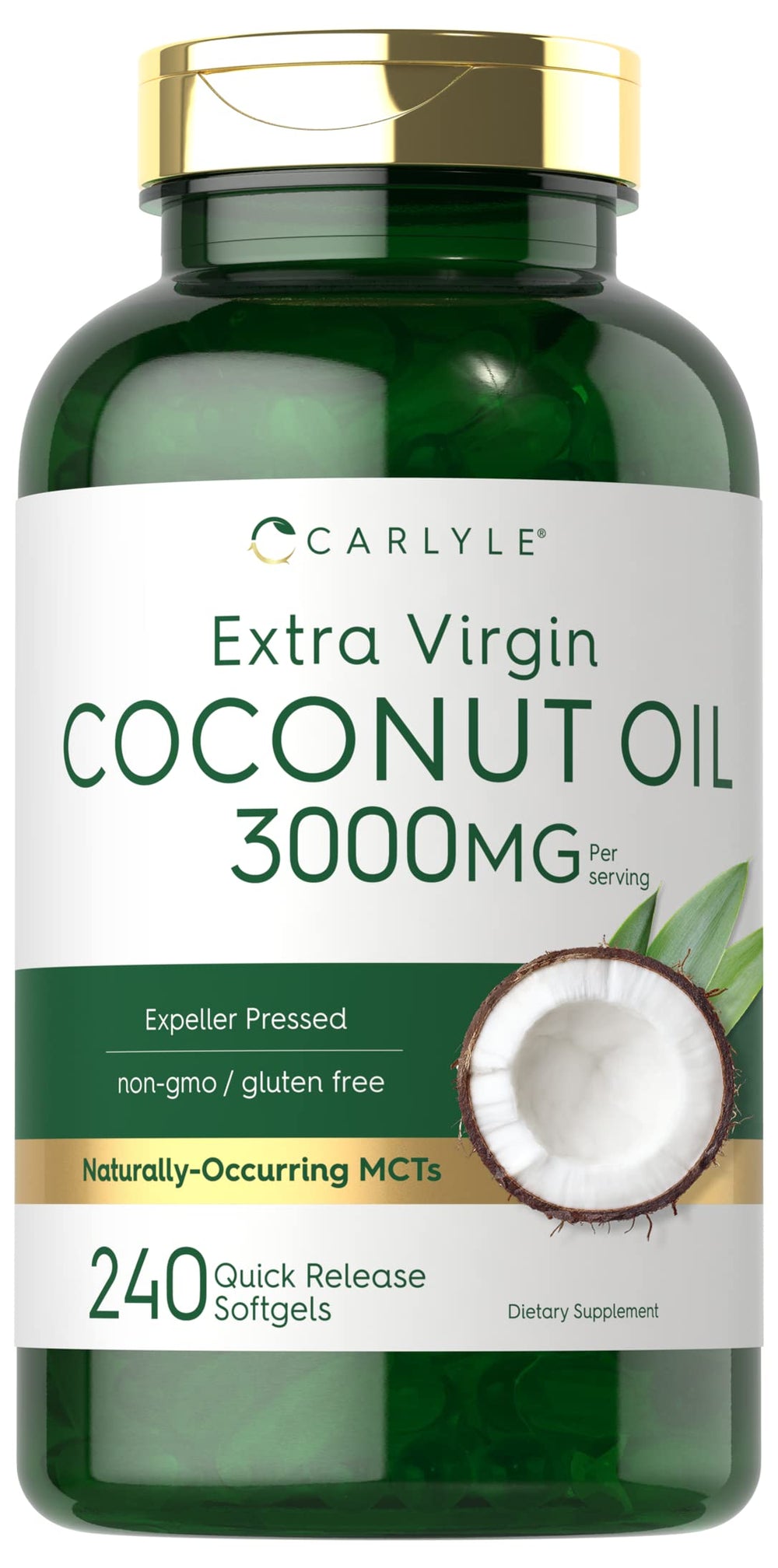 Carlyle Coconut Oil Softgel bottle pour highlights high MCT content and versatility