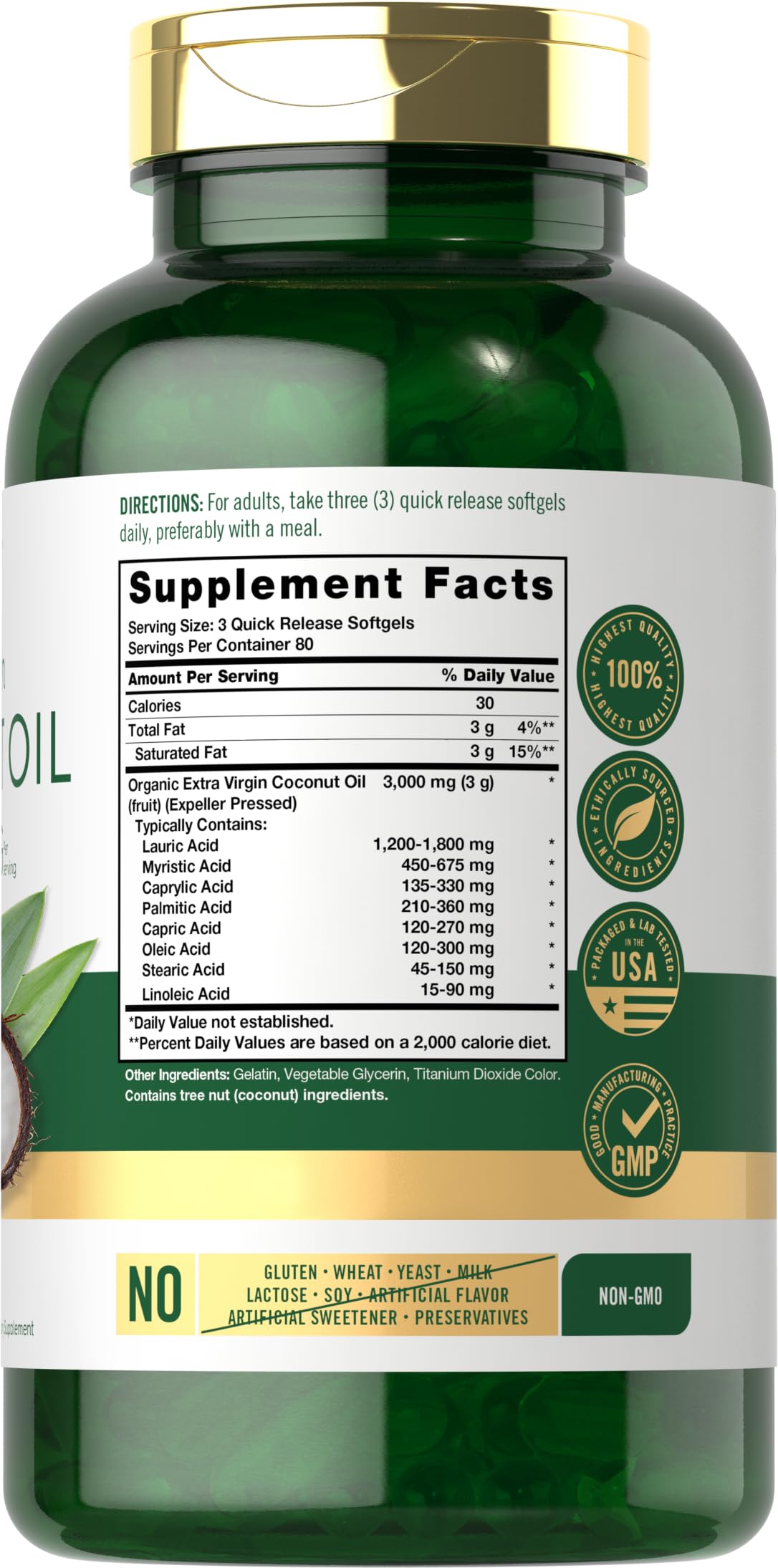Carlyle Coconut Oil Softgel capsules closeup showing 3,000 mg per serving