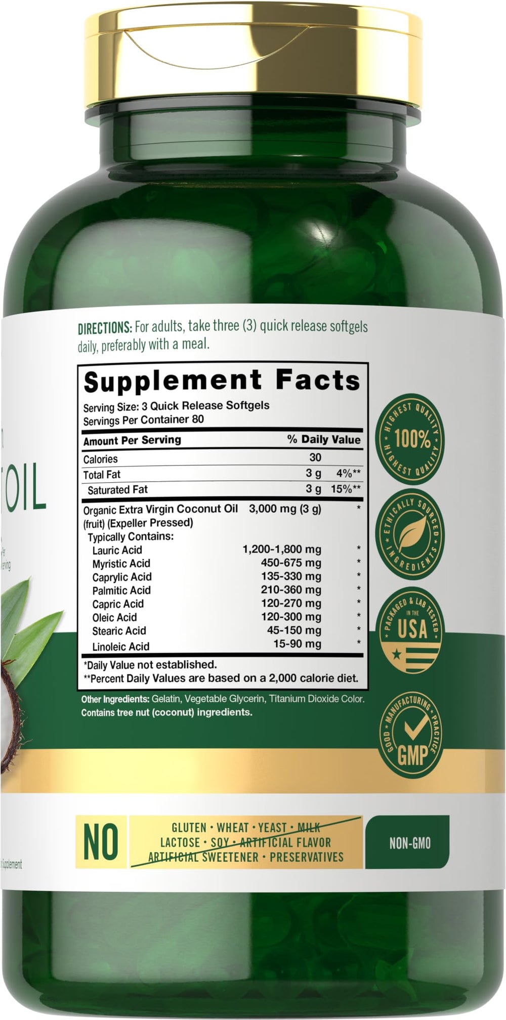 Carlyle Coconut Oil Softgel capsules closeup showing 3,000 mg per serving