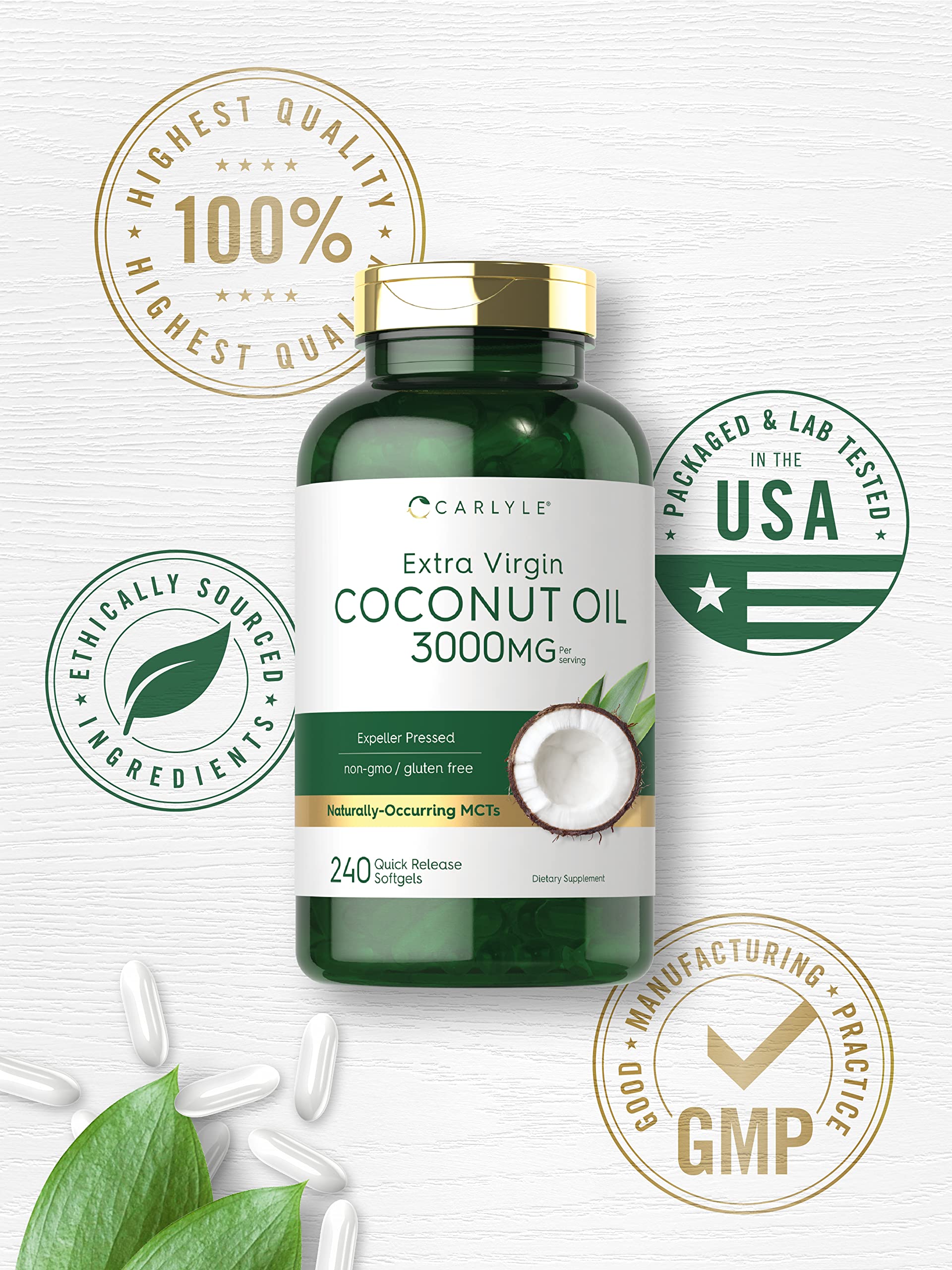 Carlyle Coconut Oil Softgel lab seal indicating tested ingredients