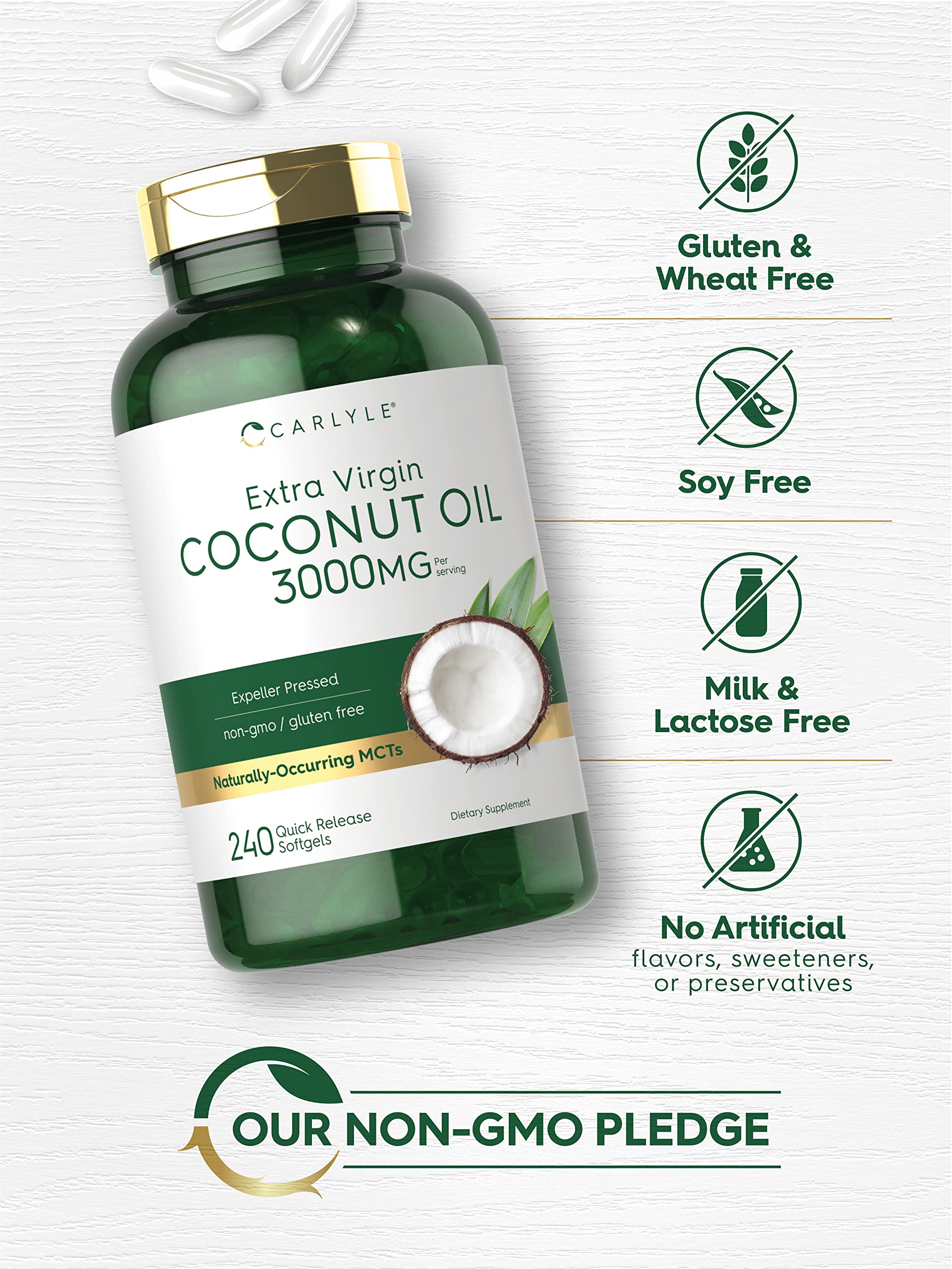 Carlyle Coconut Oil Softgel label with nutrition facts and purity badges