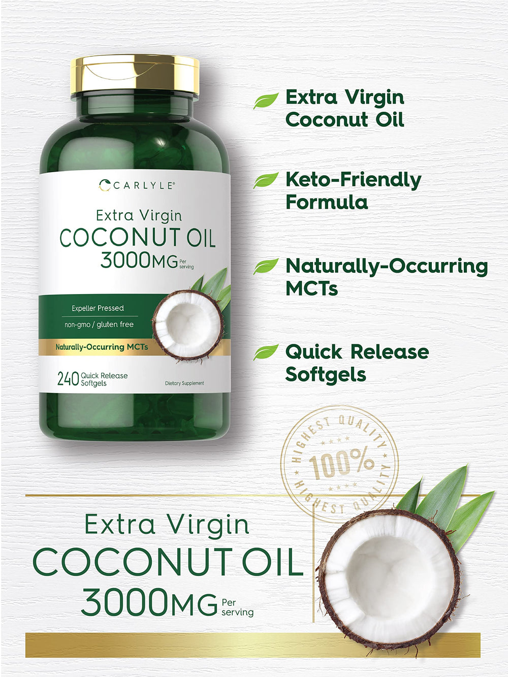 Carlyle Coconut Oil Softgel packaging front with non-GMO and gluten-free claim