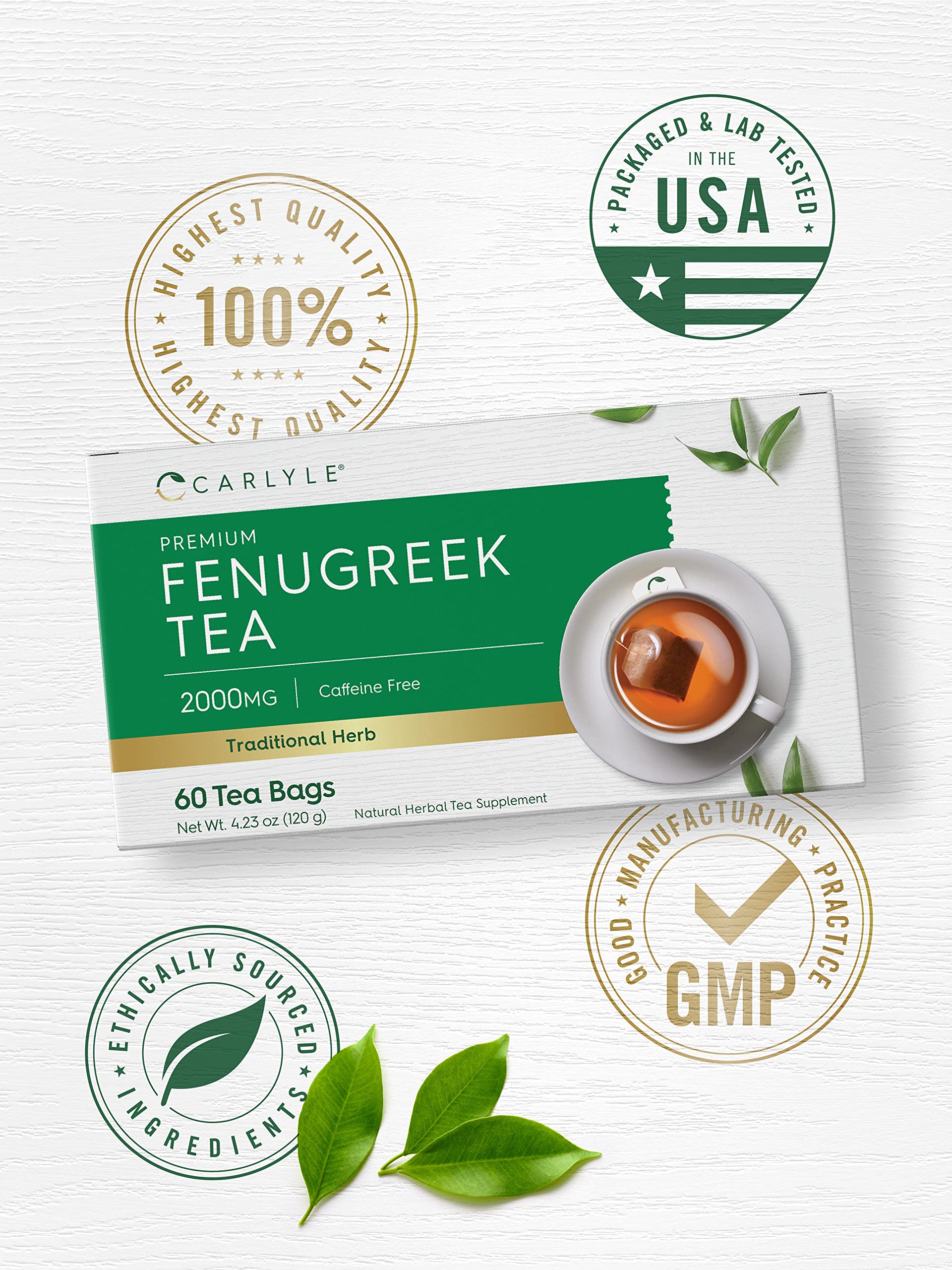 Amber colored tea in a glass cup from Carlyle Fenugreek Seed Tea