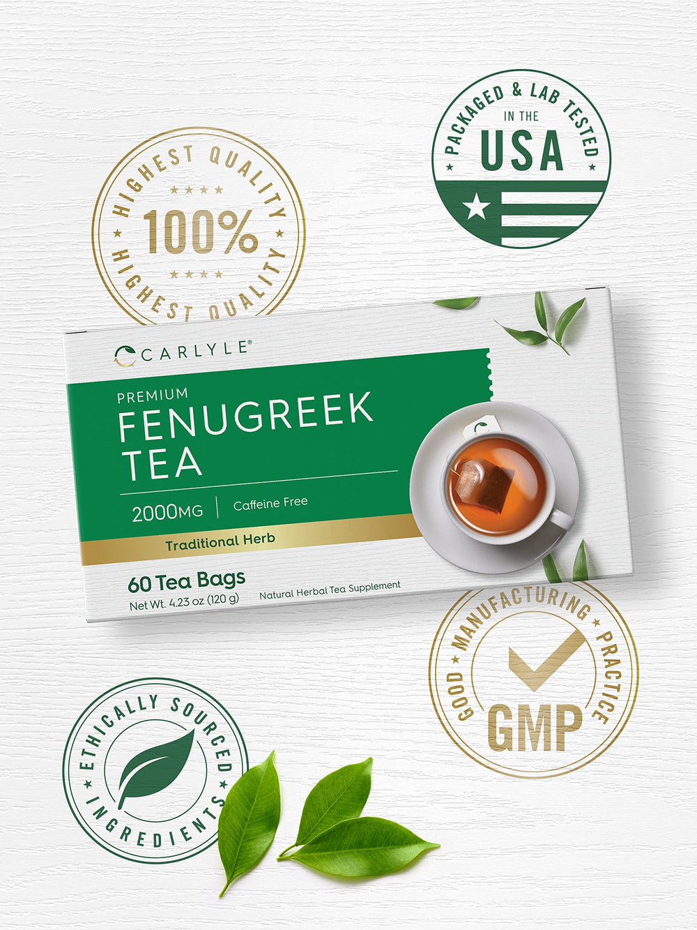 Amber colored tea in a glass cup from Carlyle Fenugreek Seed Tea