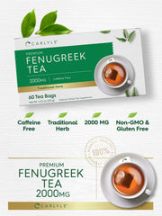Carlyle Fenugreek Seed Tea packaging showing gluten free and non GMO claims