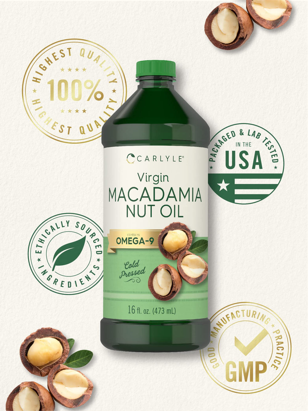 Hair care use: Carlyle Macadamia Nut Oil provides lightweight shine.