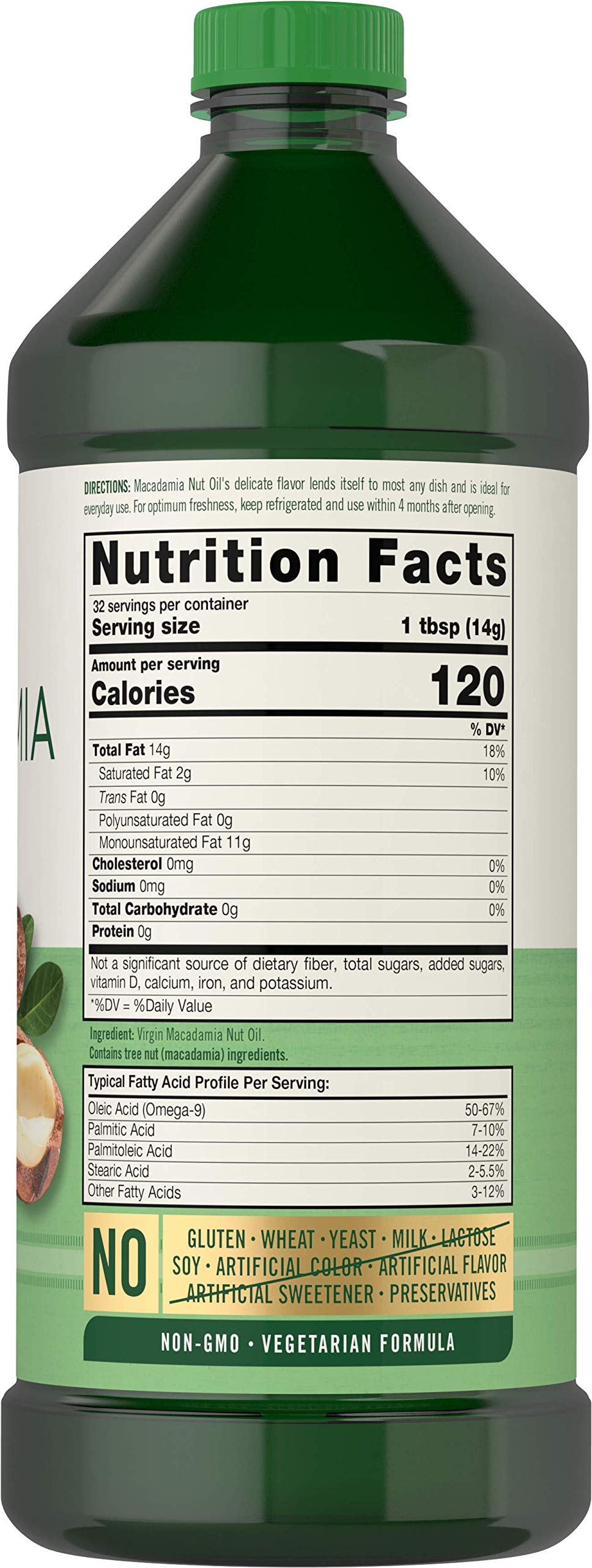 Close-up of Carlyle Macadamia Nut Oil label showing virgin, cold-pressed quality.