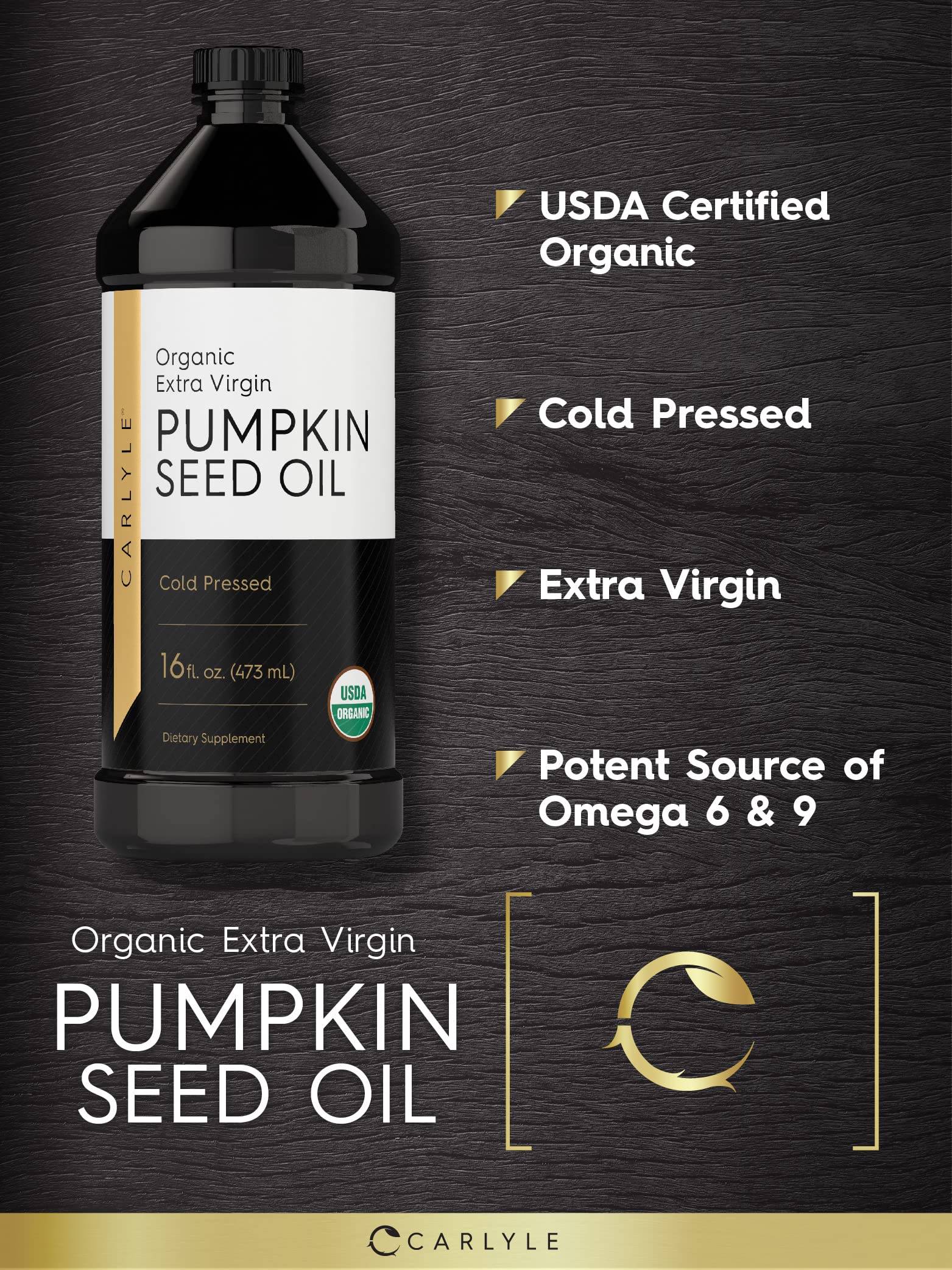 Amber glass Carlyle pumpkin seed oil bottle on shelf with labeling visible.