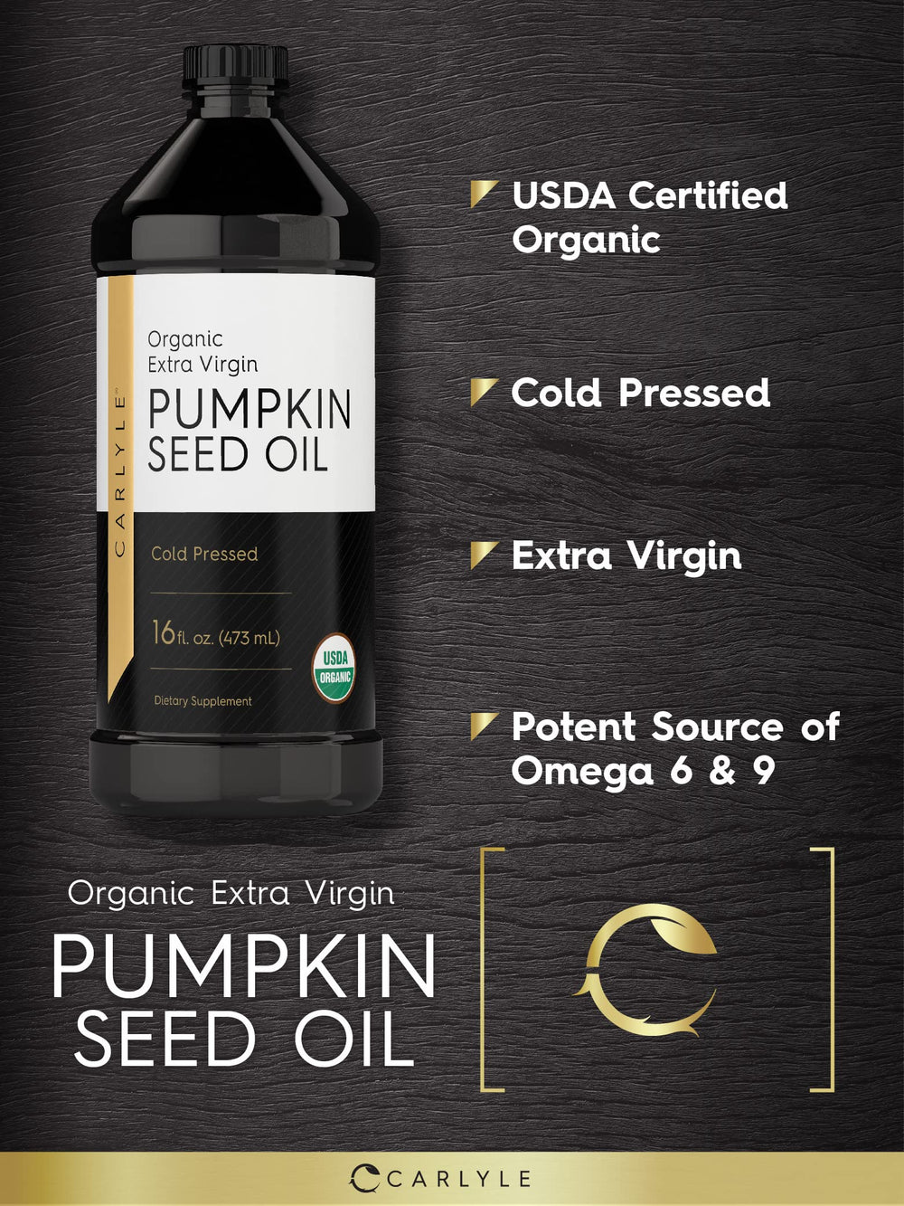 Amber glass Carlyle pumpkin seed oil bottle on shelf with labeling visible.