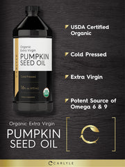 Amber glass Carlyle pumpkin seed oil bottle on shelf with labeling visible.