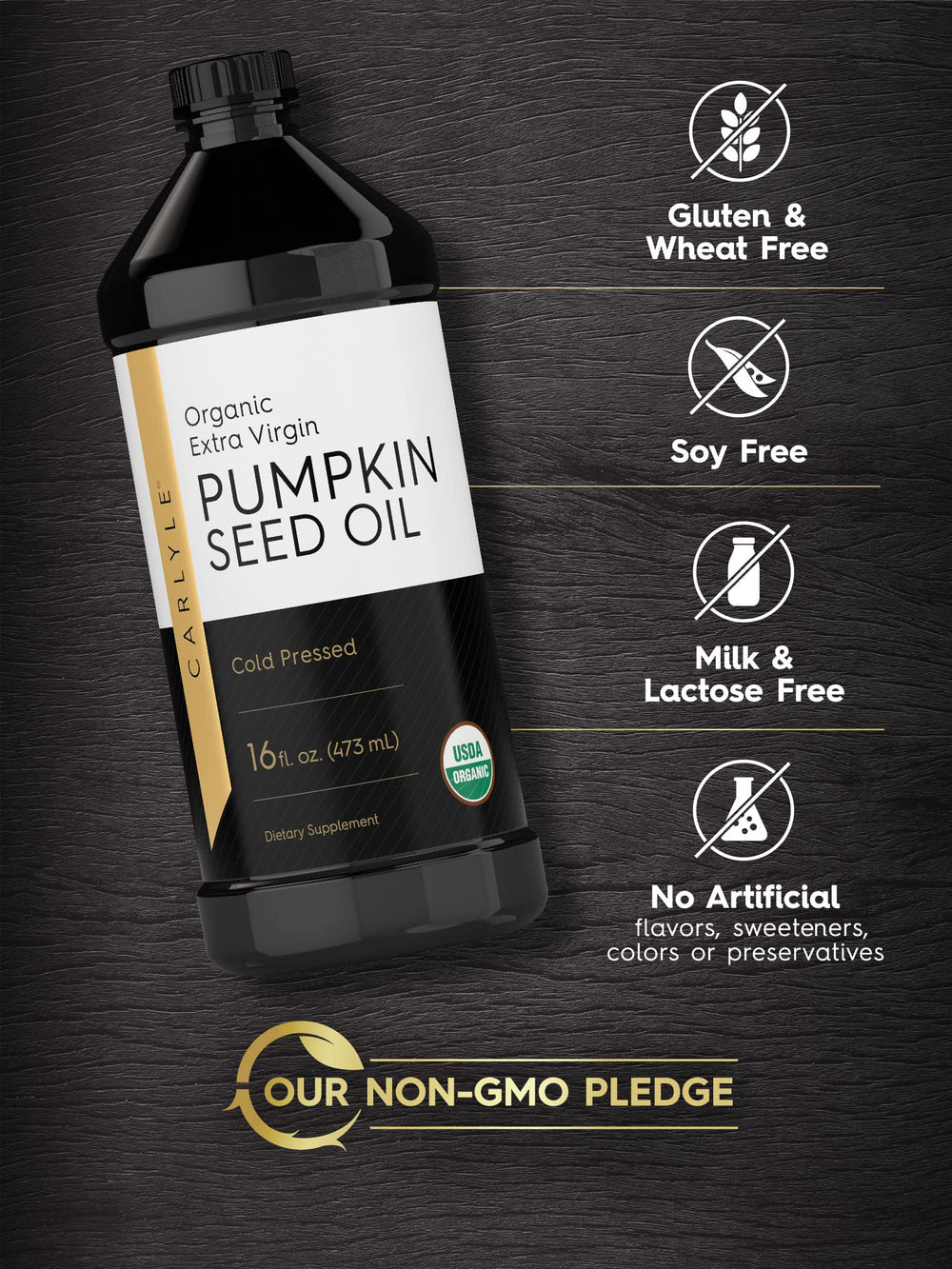 Close-up of Carlyle oil label highlighting organic, gluten-free, non-GMO qualities.