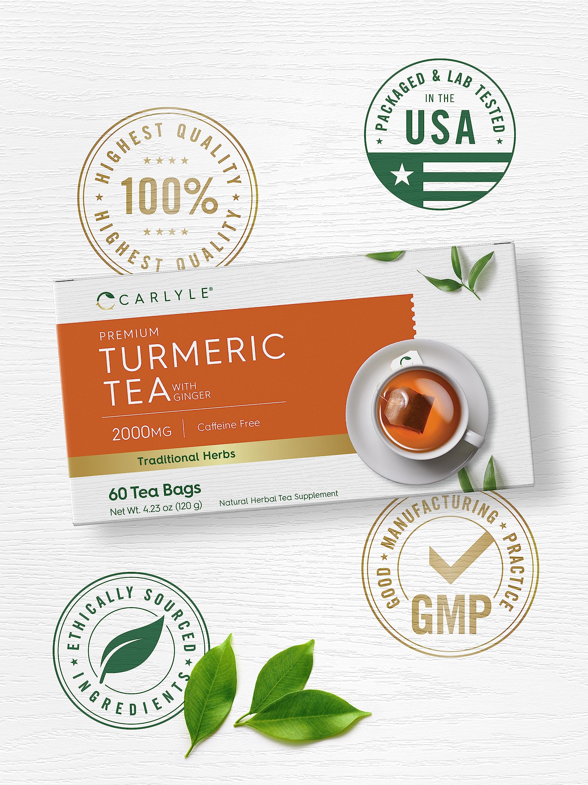 Carlyle turmeric and ginger root label emphasizing non-GMO and gluten-free