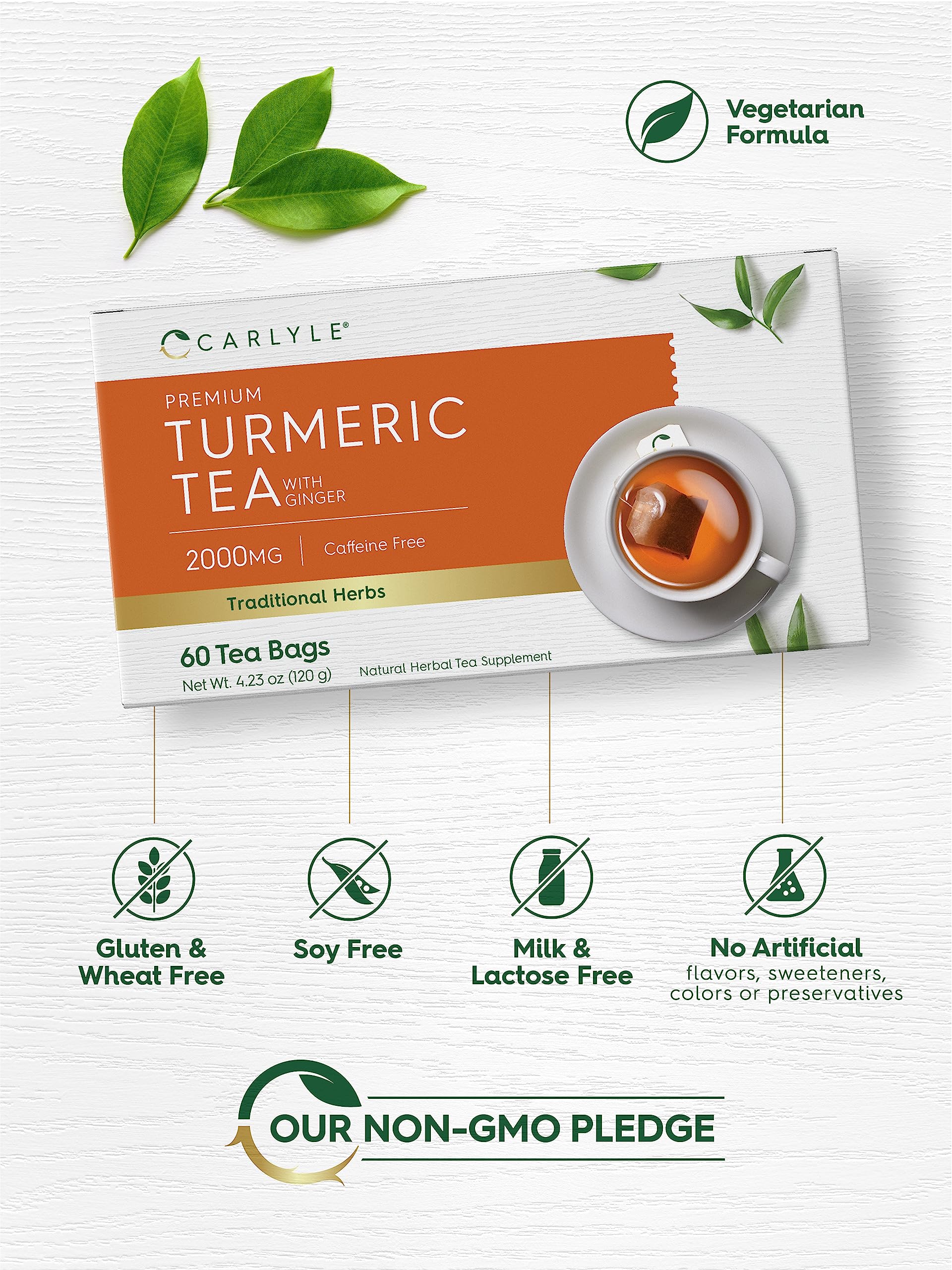 Carlyle turmeric tea bags box on pantry shelf for daily use