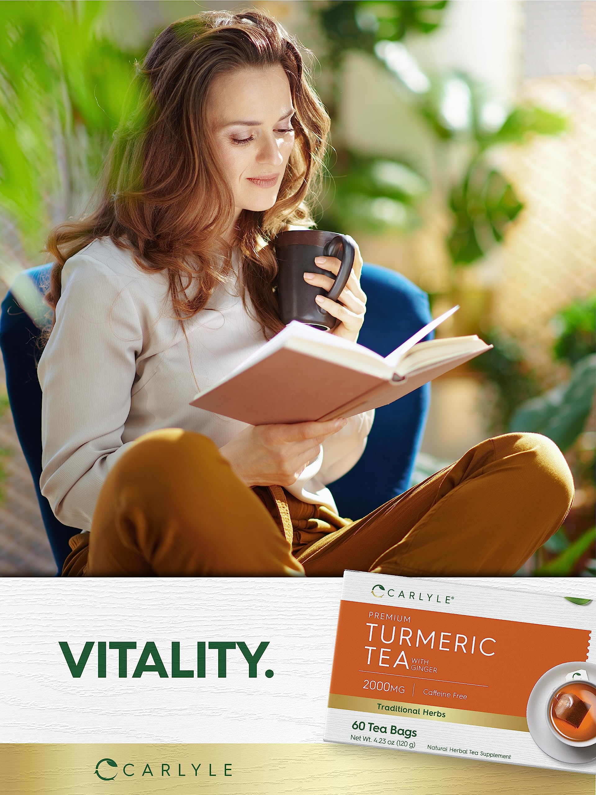 Carlyle turmeric tea bags ingredients display with lab-tested promise