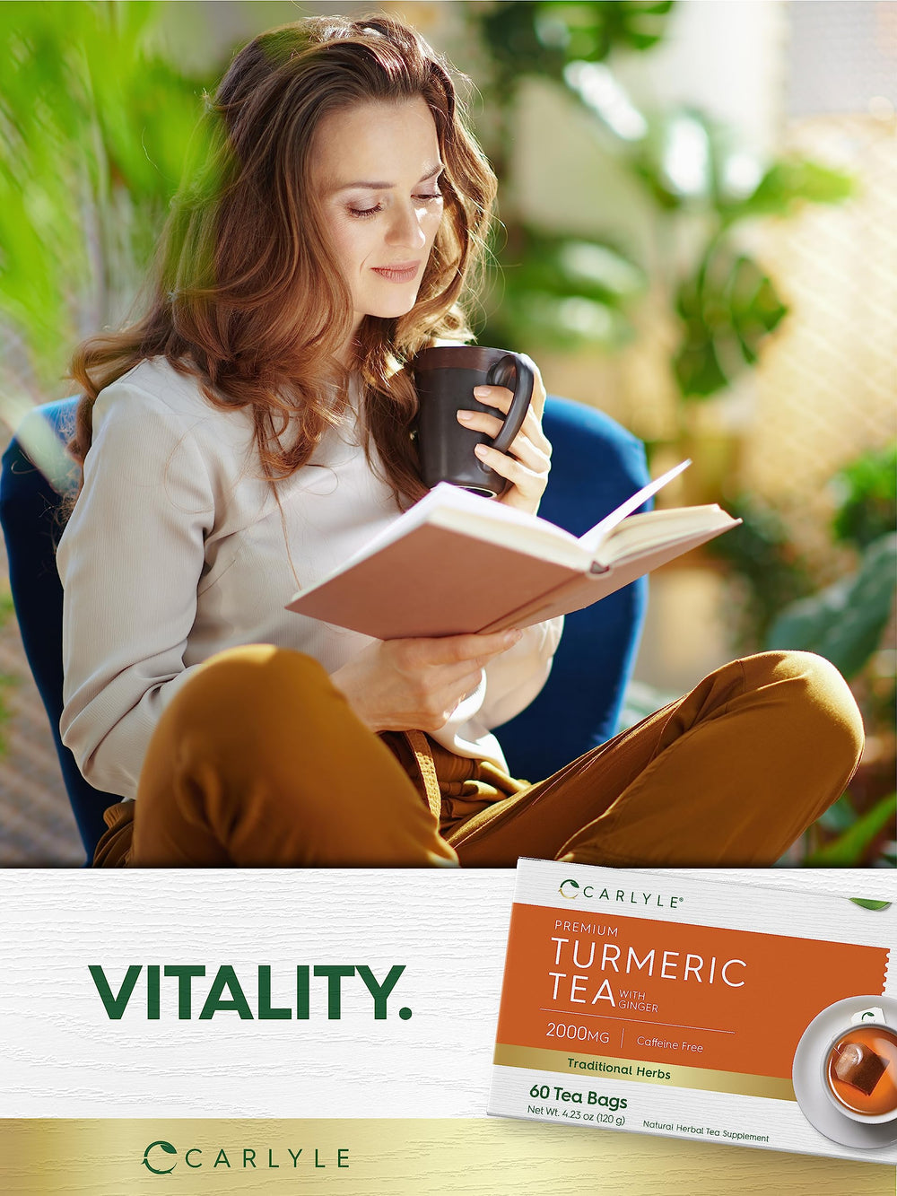 Carlyle turmeric tea bags ingredients display with lab-tested promise