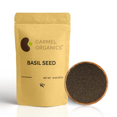 Carmel Organics Edible Basil Seeds packaging ready to elevate pantry prep and recipes