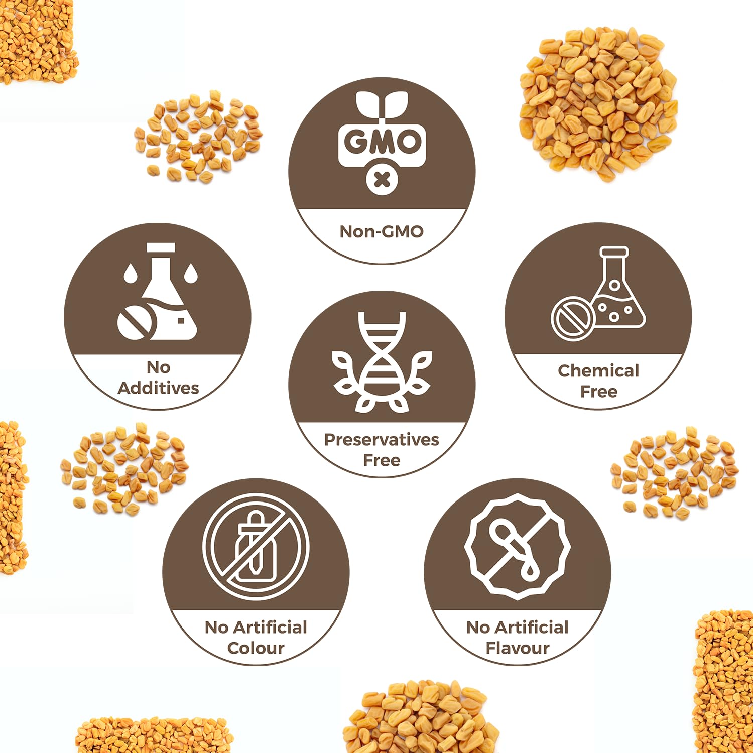 Carmel Organics fenugreek seeds dry texture highlights organic sourcing.
