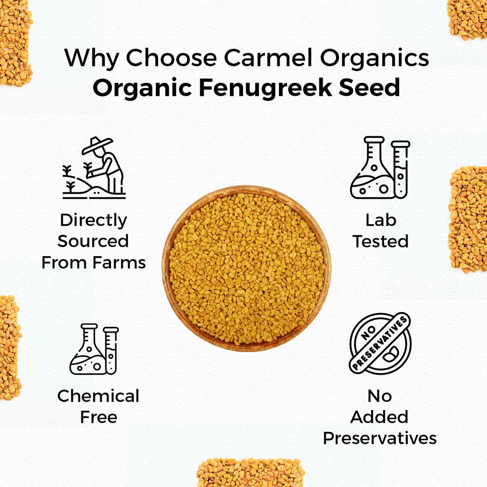 Carmel Organics fenugreek seeds in a kitchen jar for spice racks.