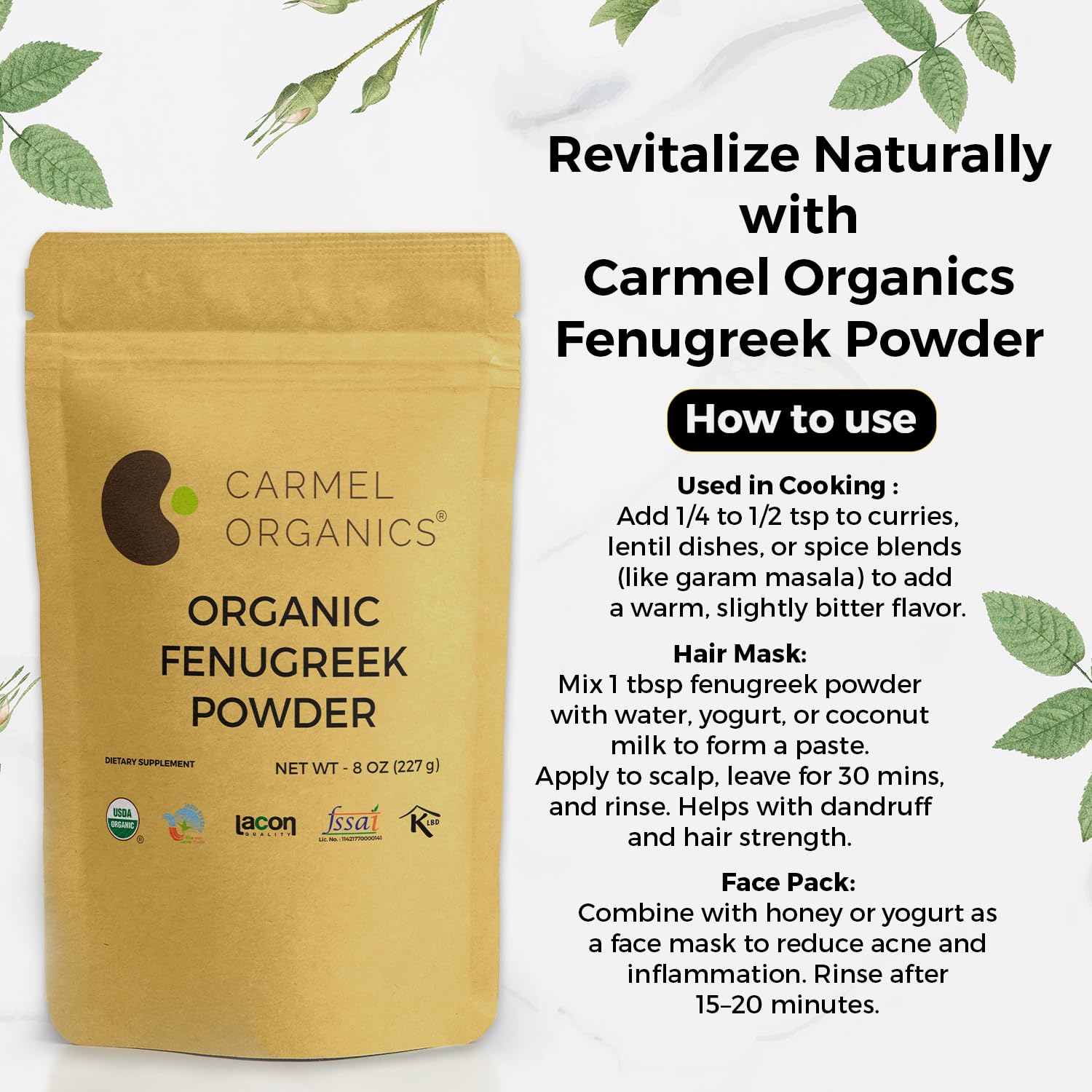 Carmel Organics fenugreek seeds package displaying USDA Organic label