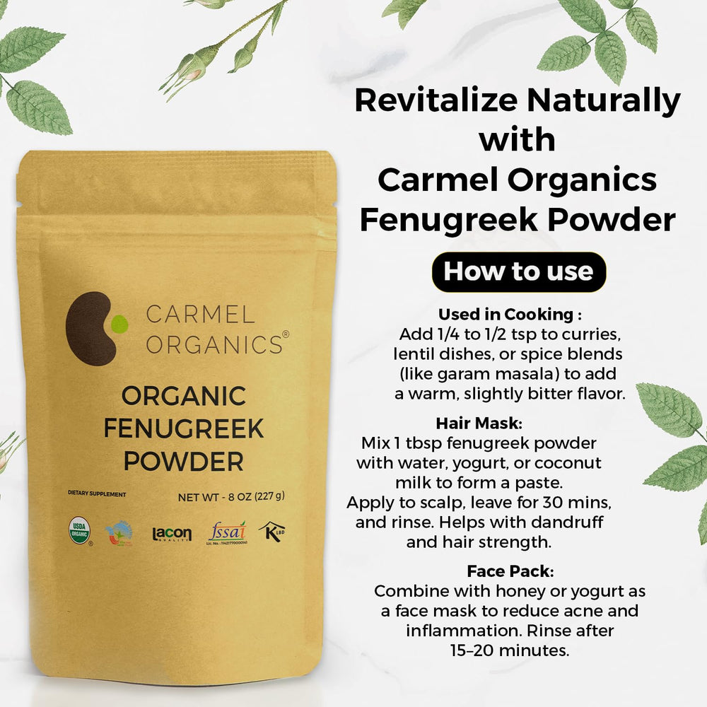 Carmel Organics fenugreek seeds package displaying USDA Organic label