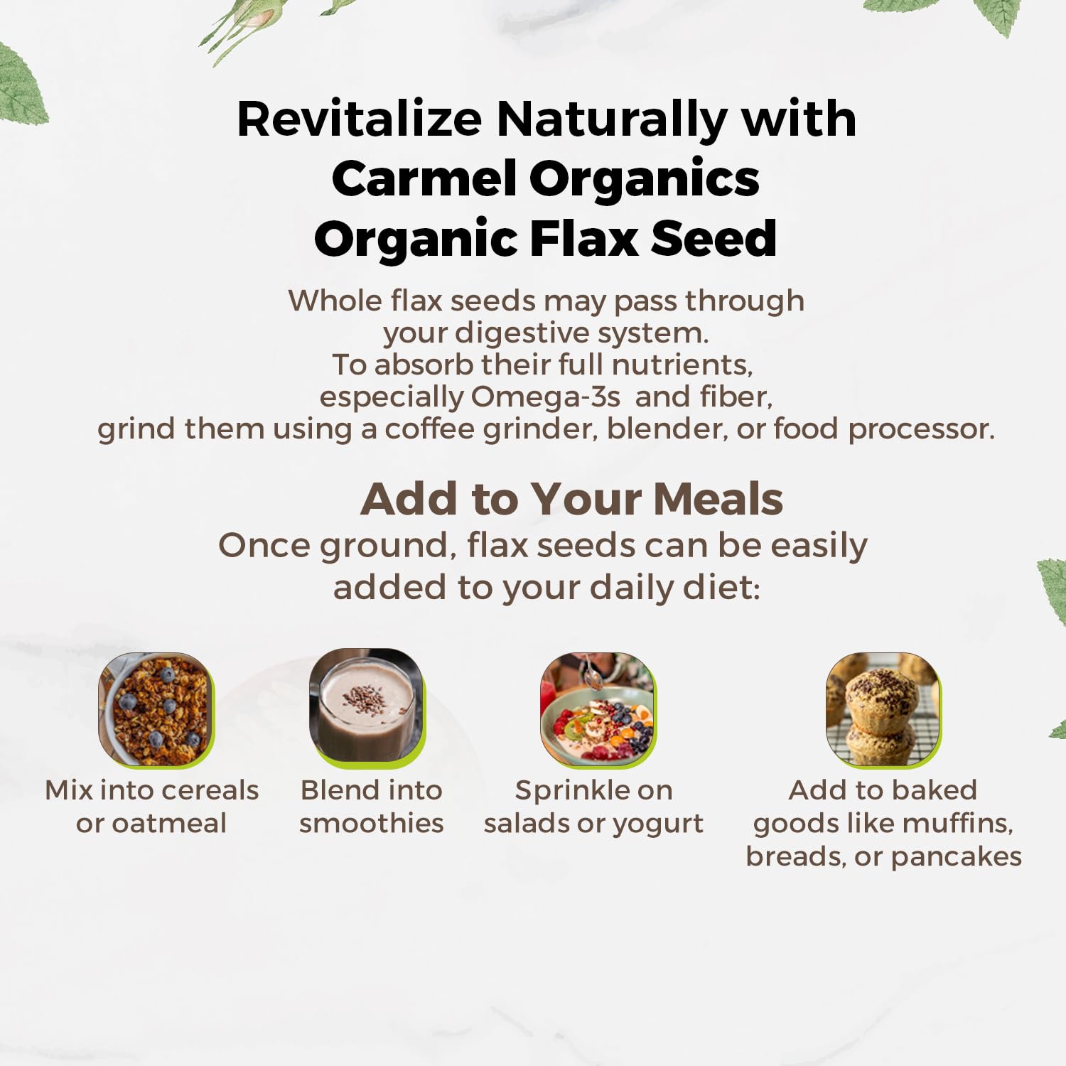Packaging of Carmel Organics flax seeds with protective outer box.