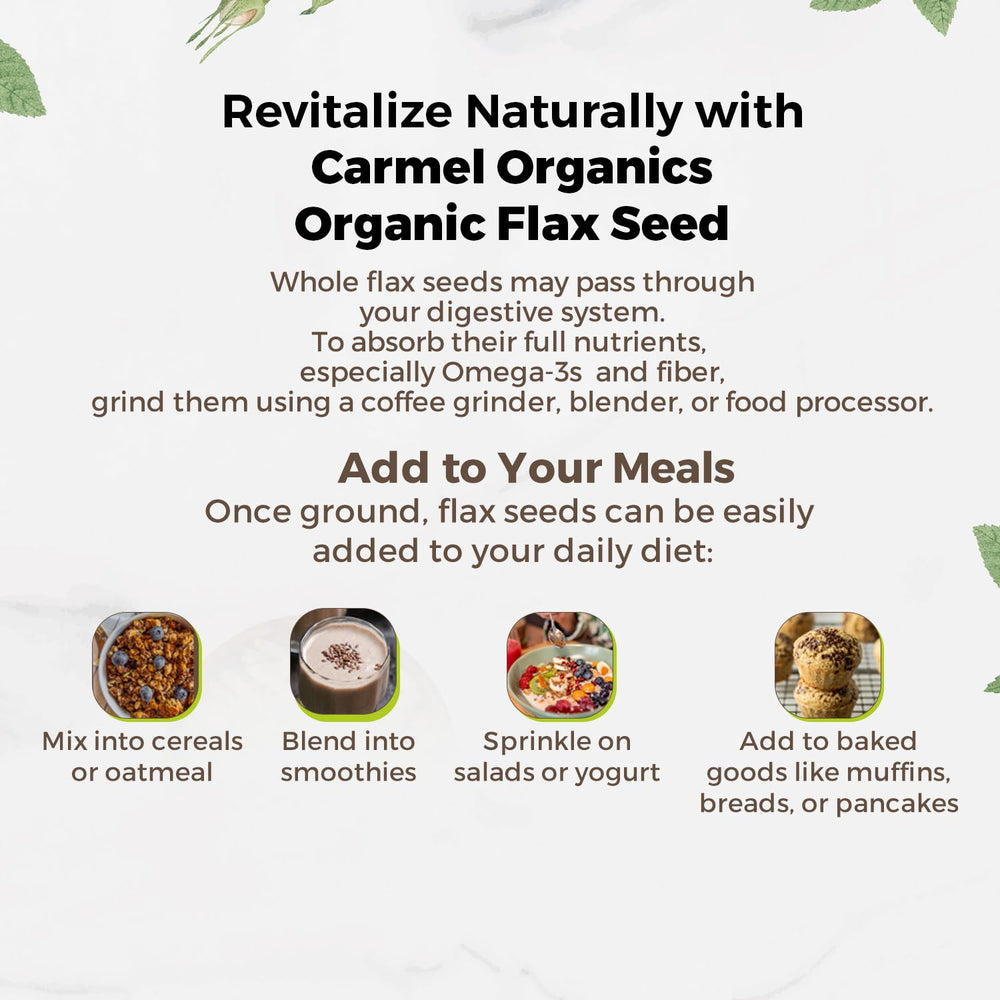 Packaging of Carmel Organics flax seeds with protective outer box.