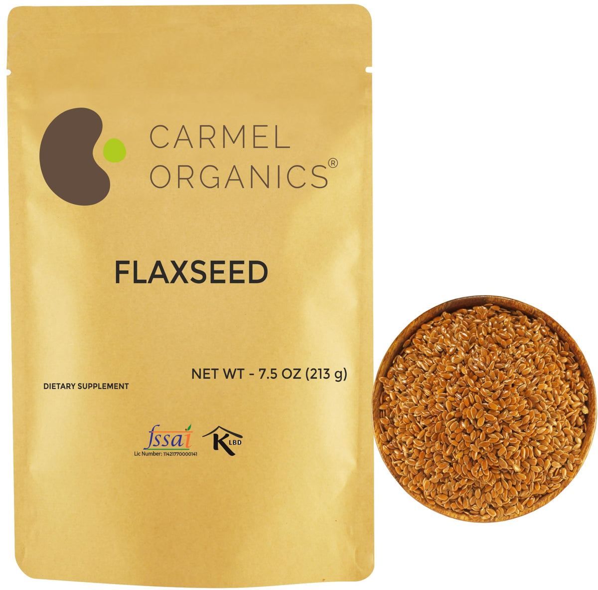 Carmel Organics flax seeds whole packaging, ideal pantry staple for easy add-ins.