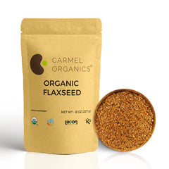 Carmel Organics flax seeds whole bag, pantry-ready for everyday use.